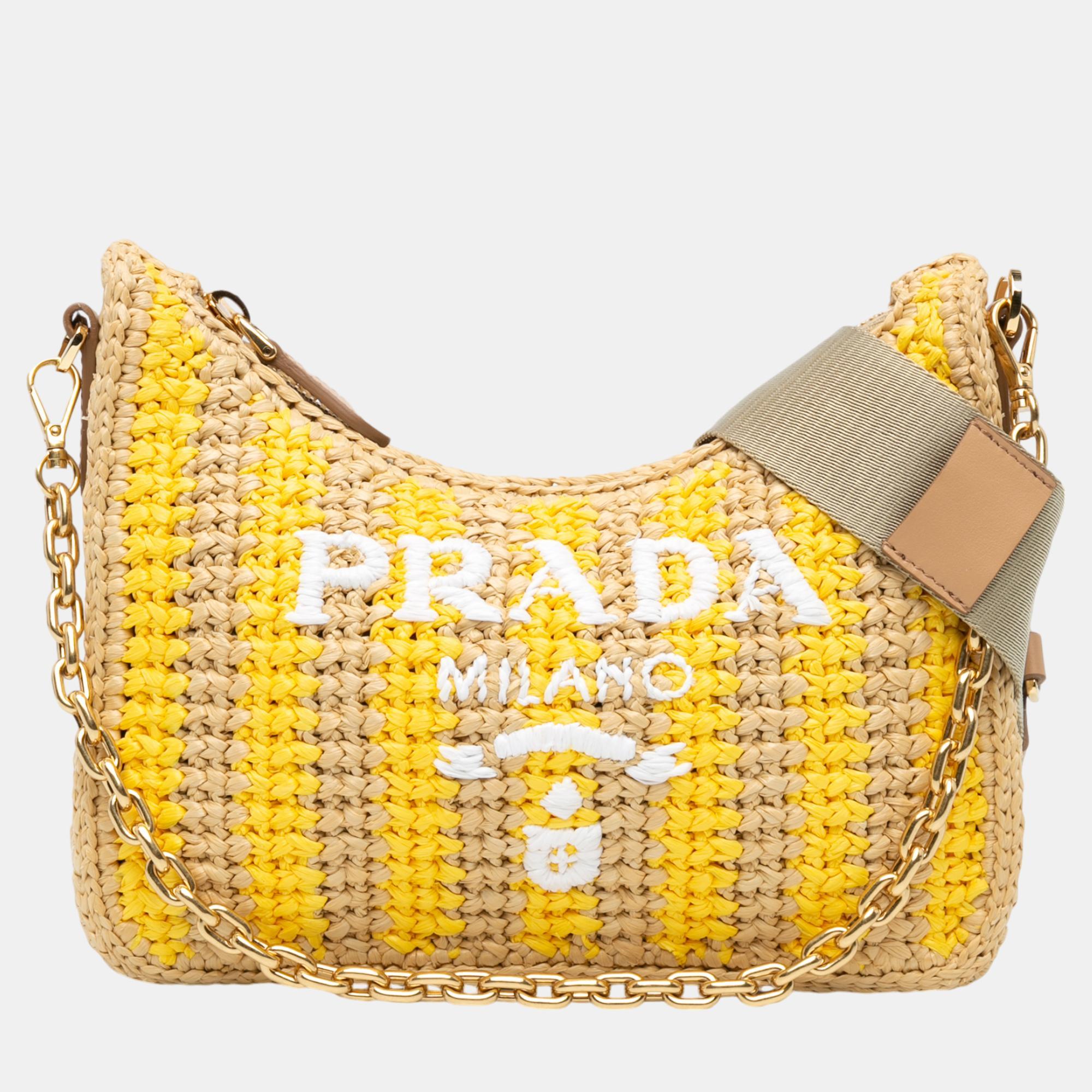 

Prada Beige/Yellow Raffia Effect Crochet Striped Re-Edition 2005 Satchel