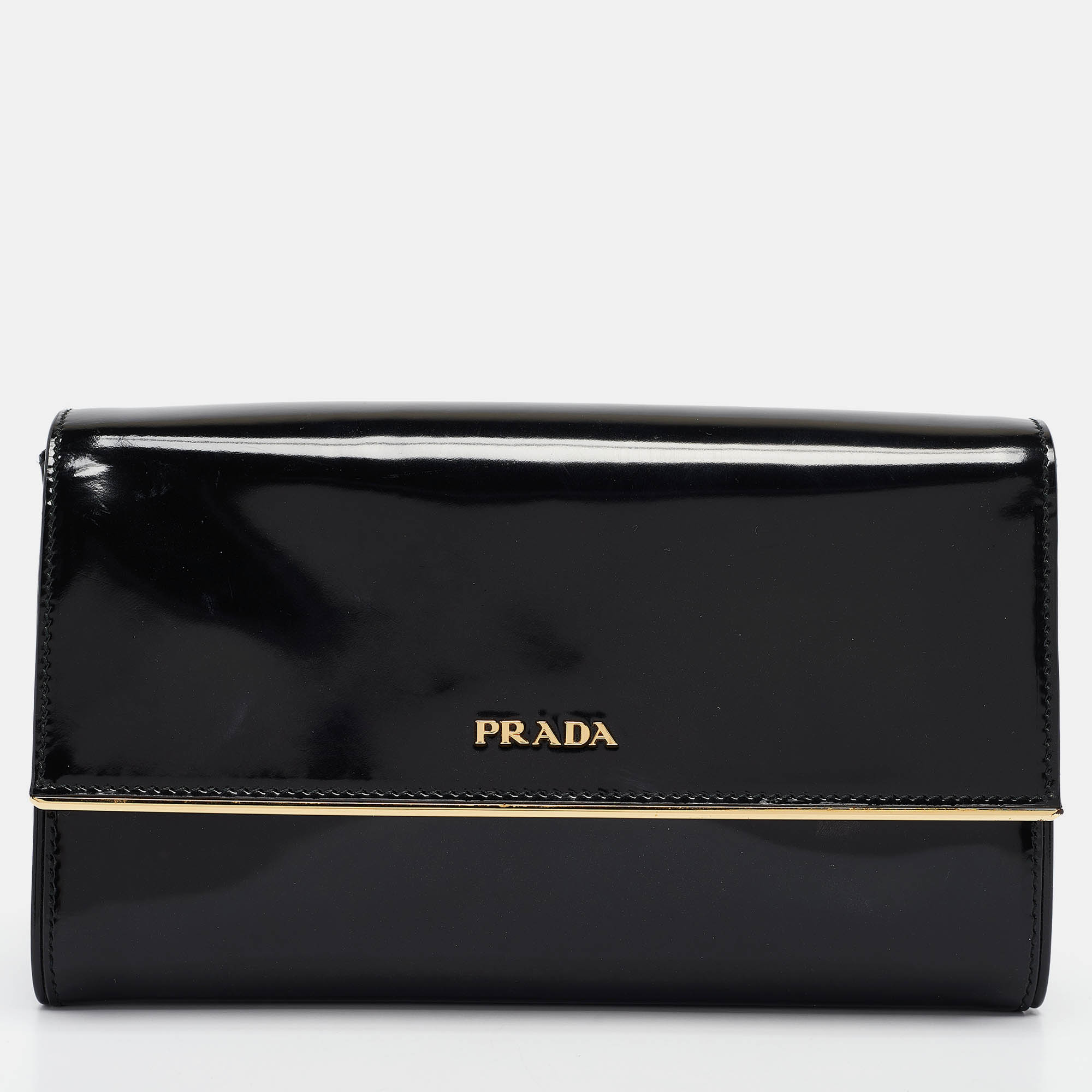 

Prada Black Patent Leather Metal Flap Clutch