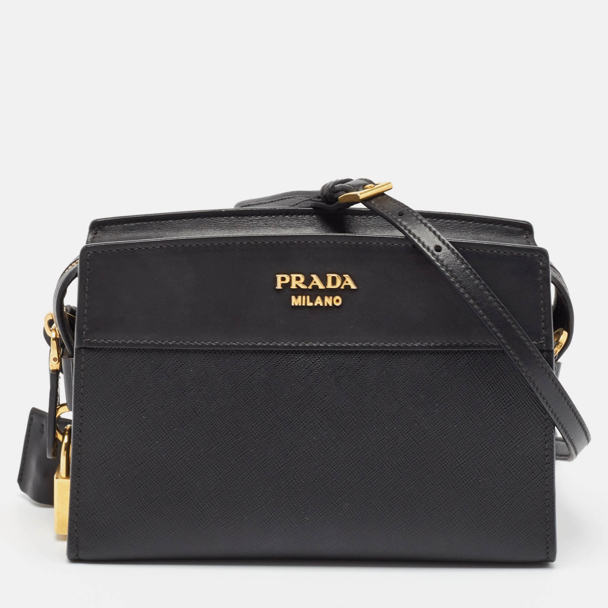 

Prada Black City Calf and Saffiano Leather Esplanade Crossbody Bag