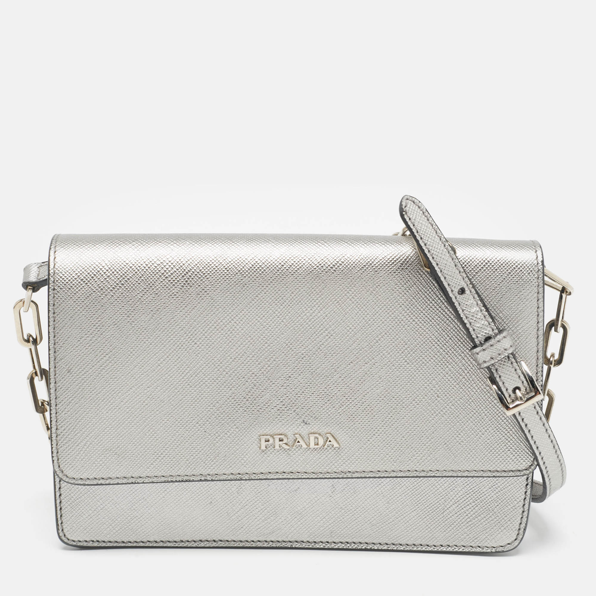 

Prada Silver Saffiano Lux Leather Flap Chain Clutch