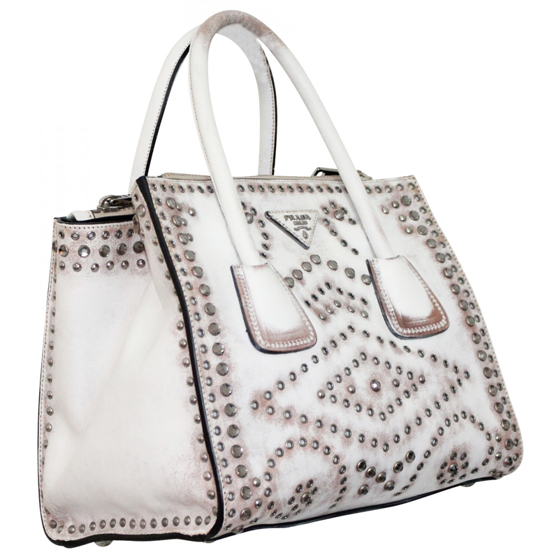 

Prada Off White Leather Studs Embellished Tote