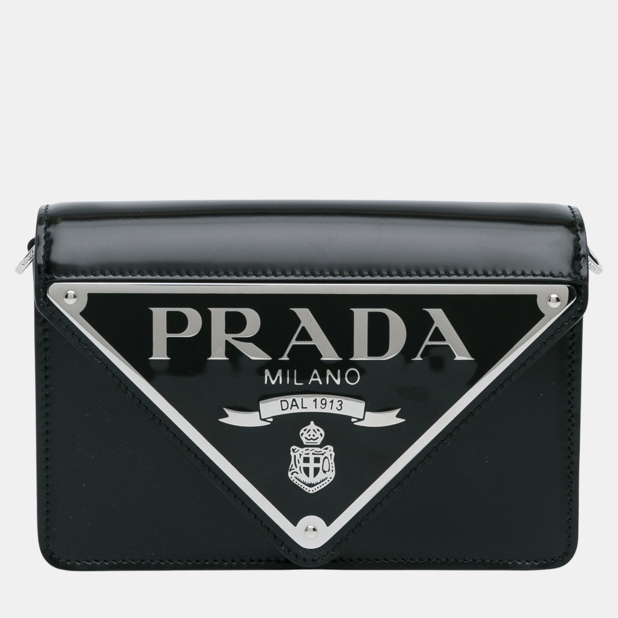 

Prada Black Spazzolato Triangle Logo Plate Flap Chain Crossbody