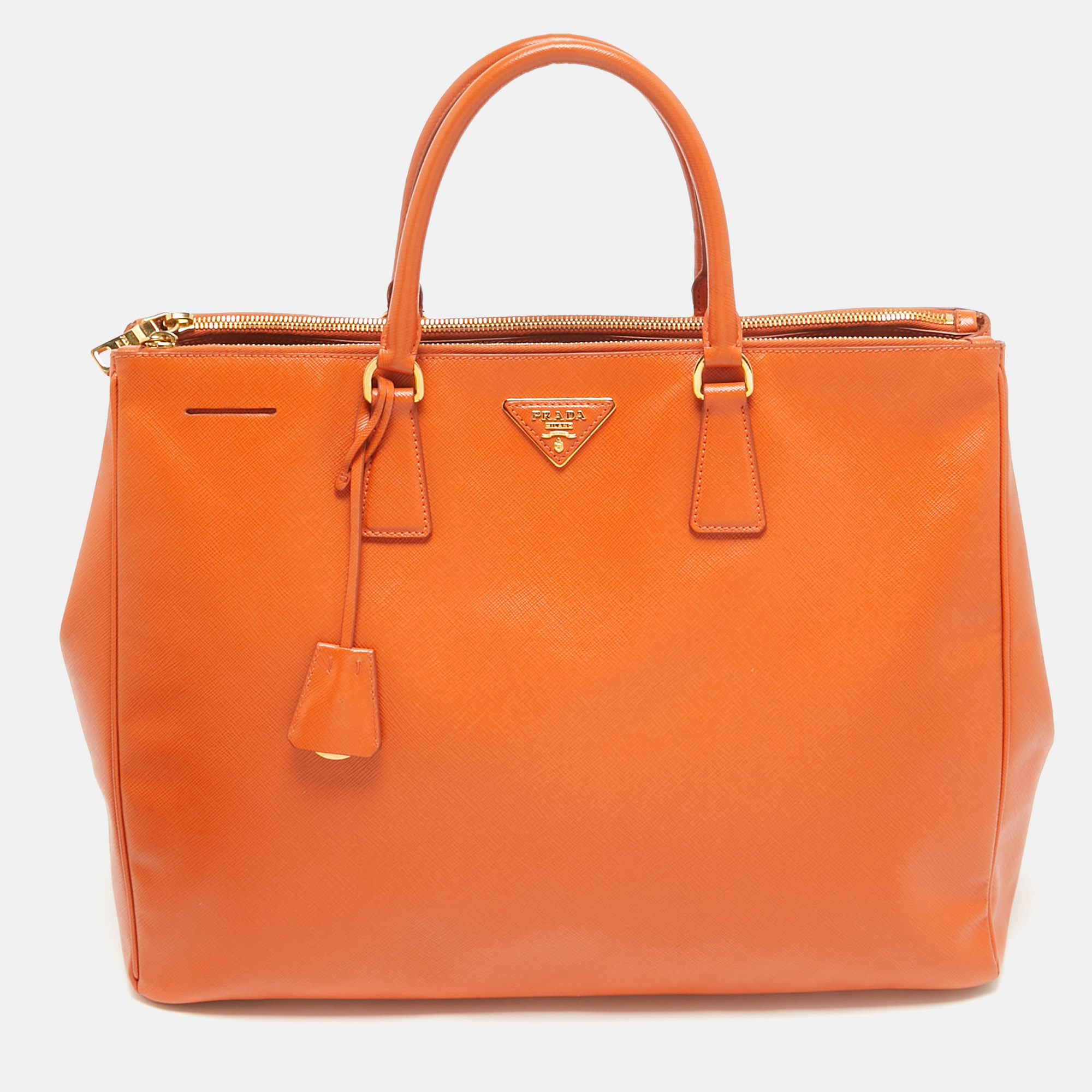 

Prada Orange Saffiano Lux Leather Executive Double Zip Tote