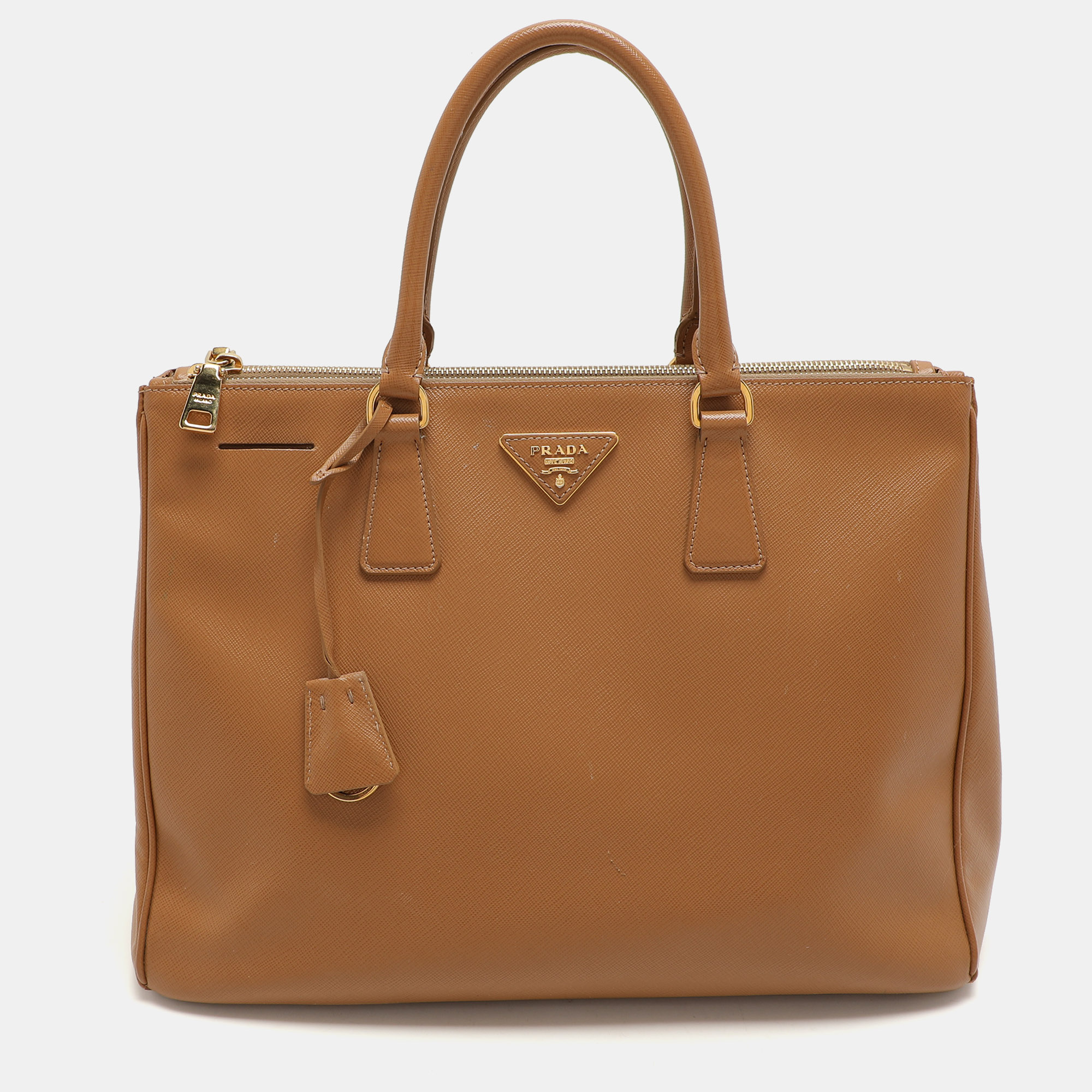 

Prada Caramel Saffiano Lux Leather  Galleria Double Zip Tote, Brown