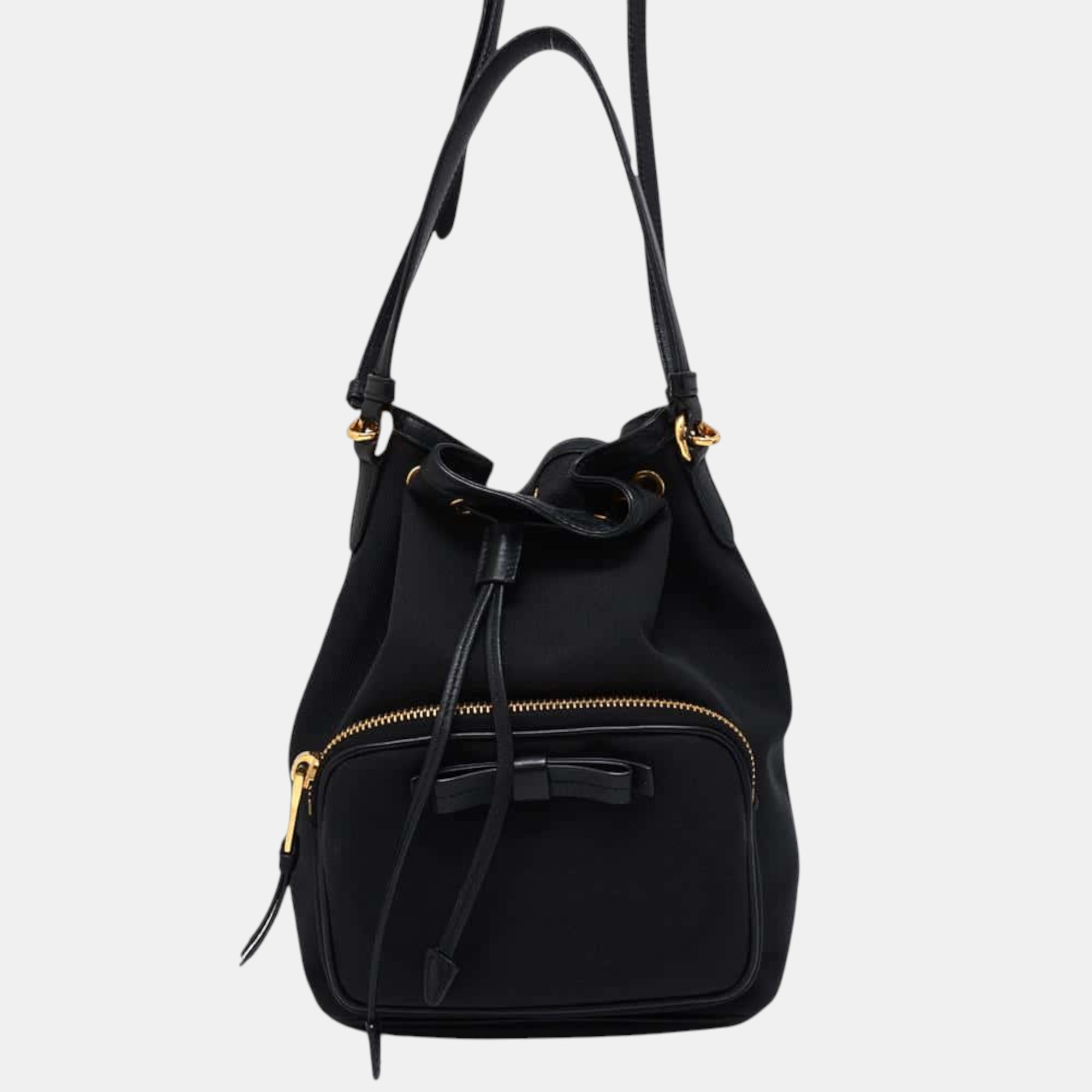 

Prada Black Canvas Leather Drawstring Bag Bucket Bag