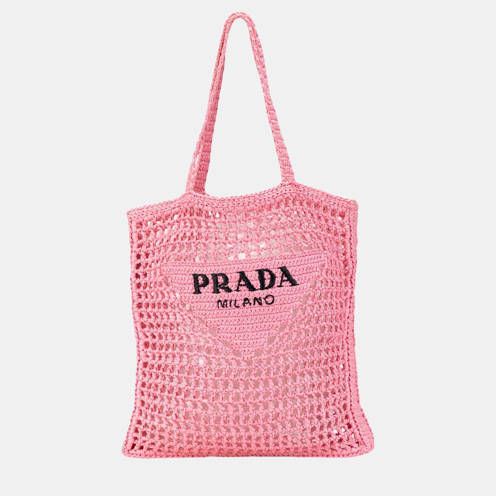 

Prada Pink Crochet Raffia Logo Tote