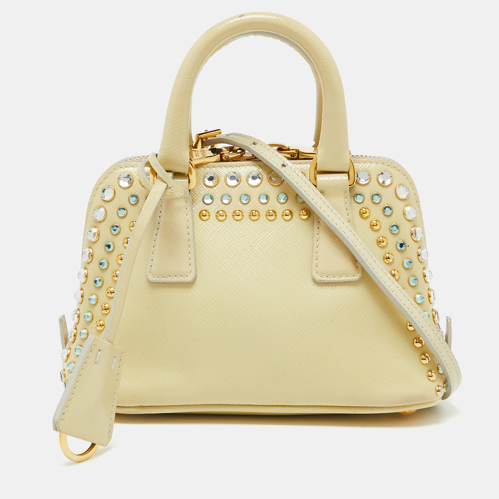 

Prada Cream Saffiano Patent Leather Crystal Embellished Pyramid Frame Satchel