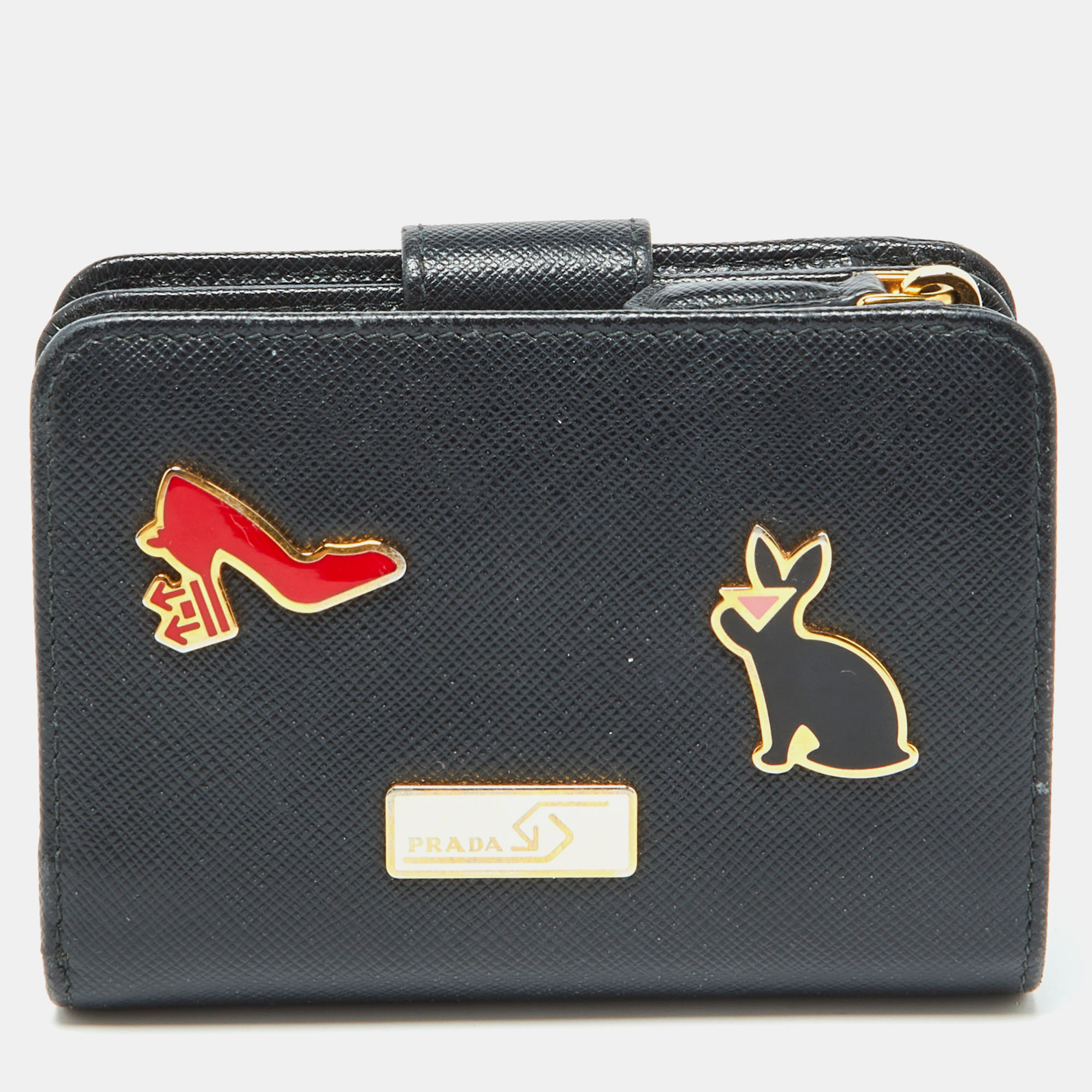 

Prada Black Saffiano Leather Rabbit Charm Embellished Compact Wallet