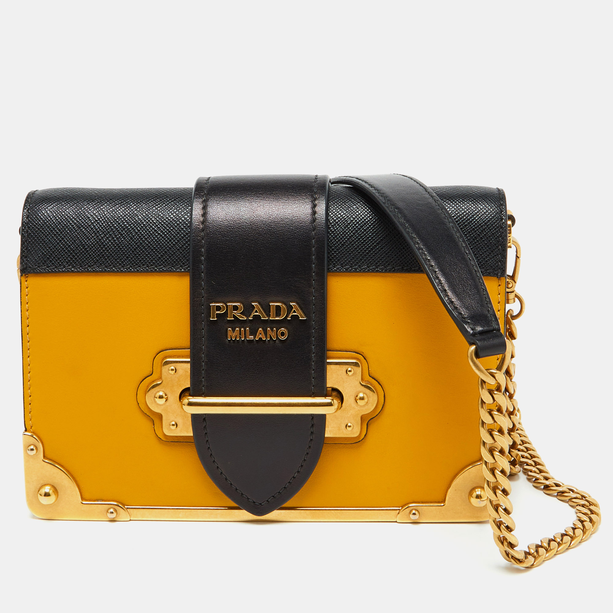 

Prada Yellow/Black Leather Cahier Flap Shoulder Bag