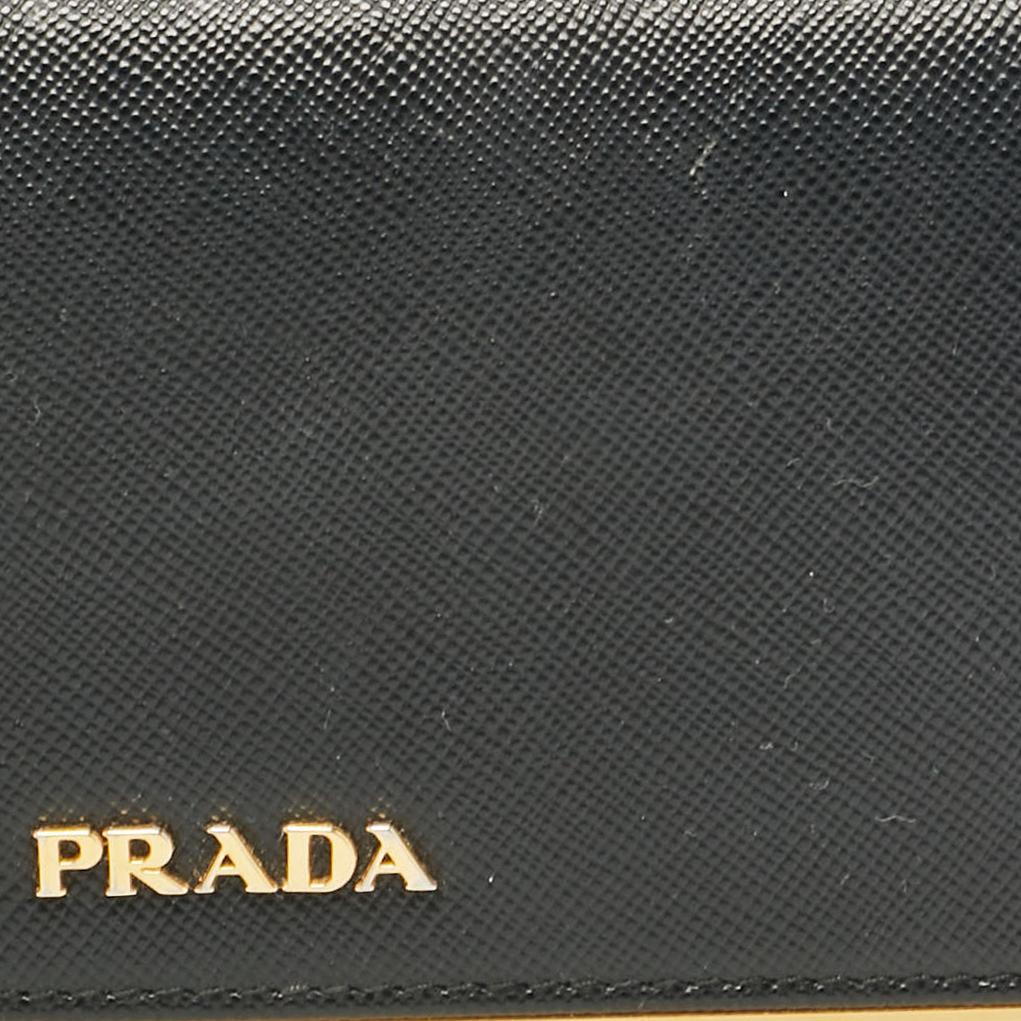 Prada Black Saffiano Leather Metal Bar Continental Wallet 