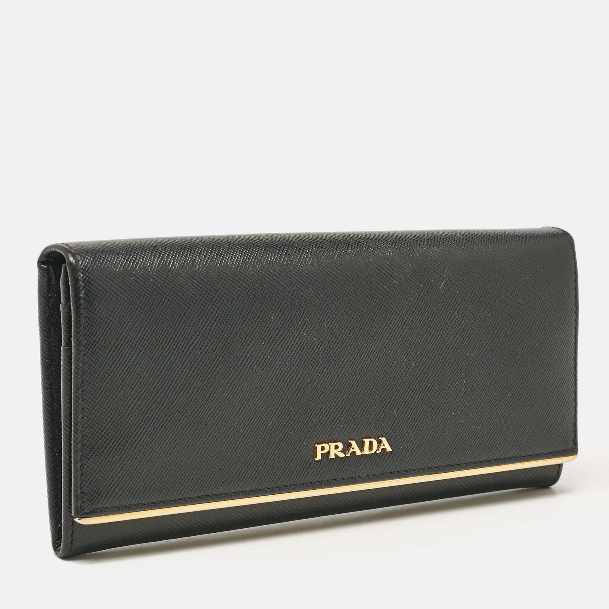 Prada Black Saffiano Leather Metal Bar Continental Wallet 