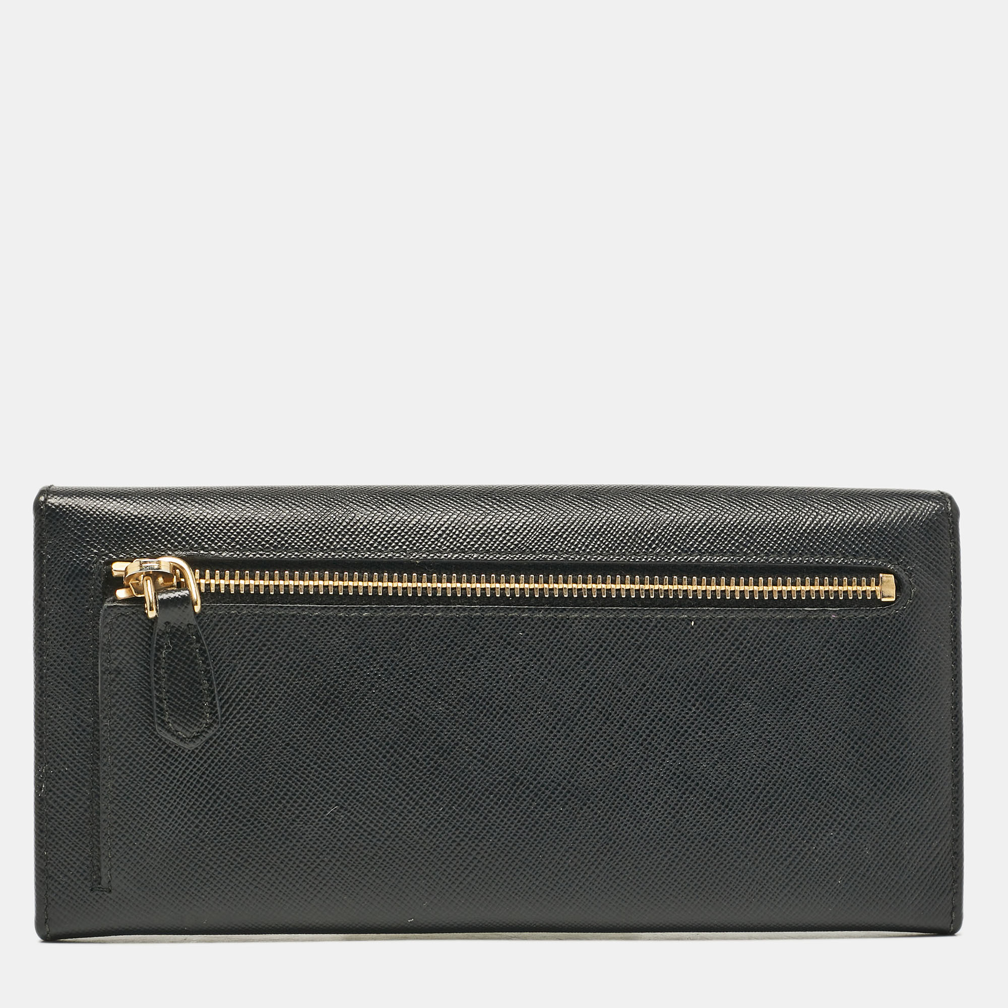 Prada Black Saffiano Leather Metal Bar Continental Wallet 