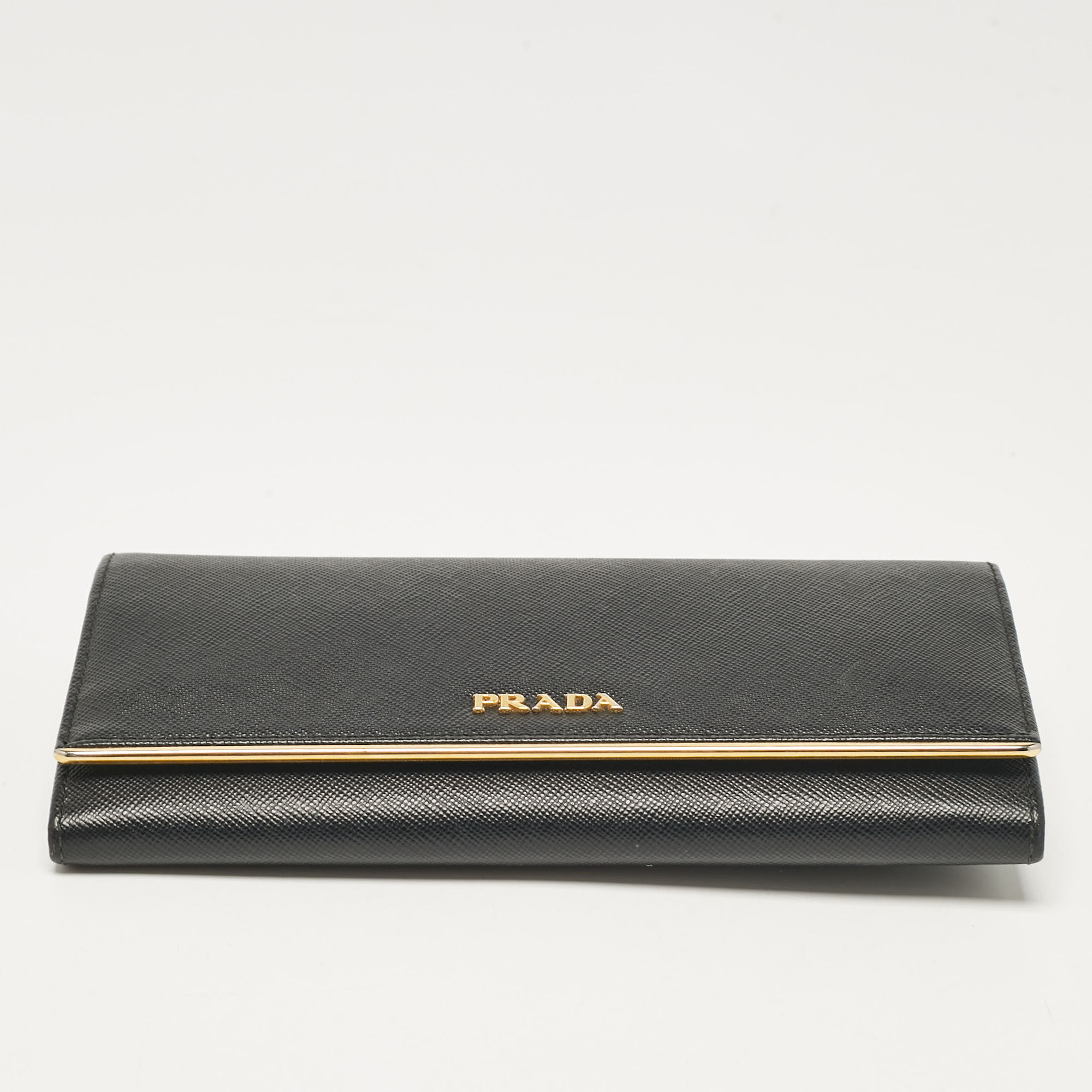 Prada Black Saffiano Leather Metal Bar Continental Wallet 