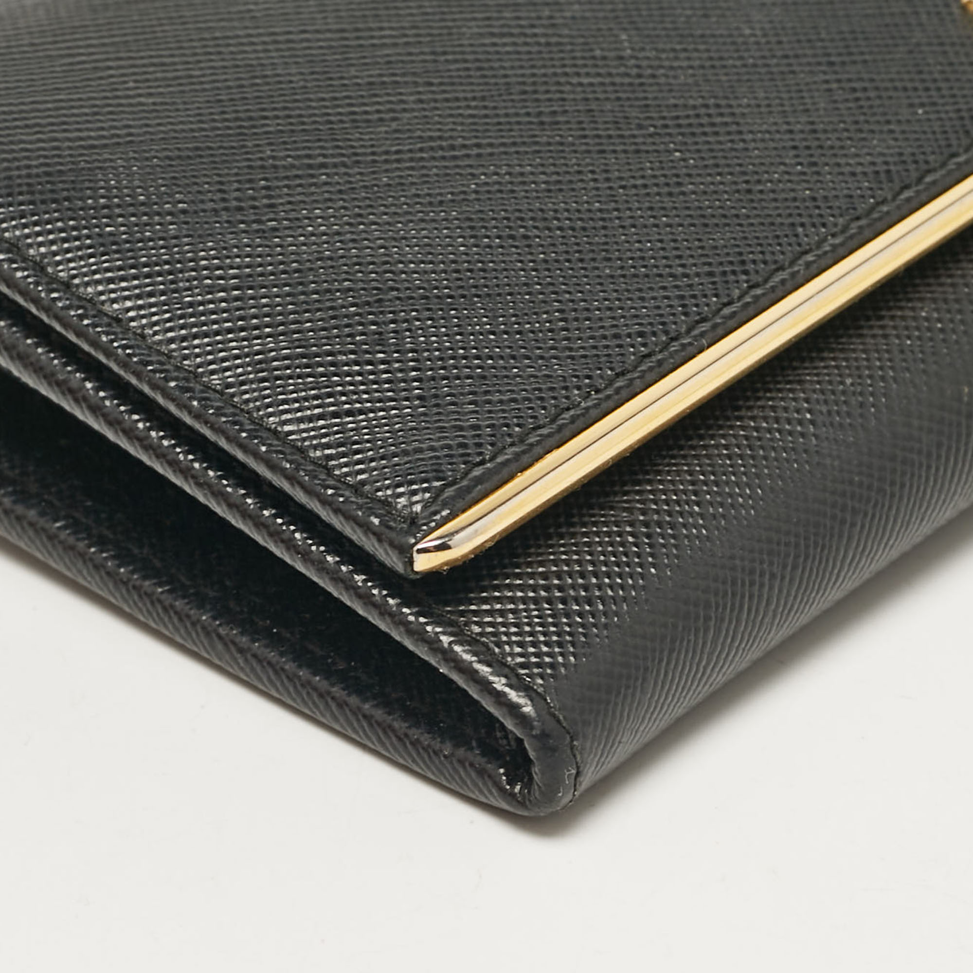 Prada Black Saffiano Leather Metal Bar Continental Wallet 