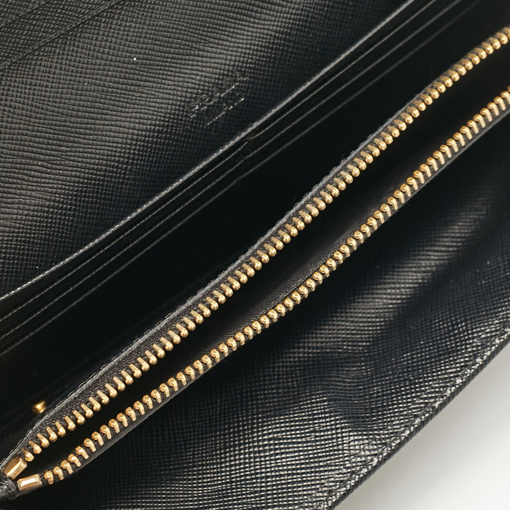 Prada Black Saffiano Leather Metal Bar Continental Wallet 