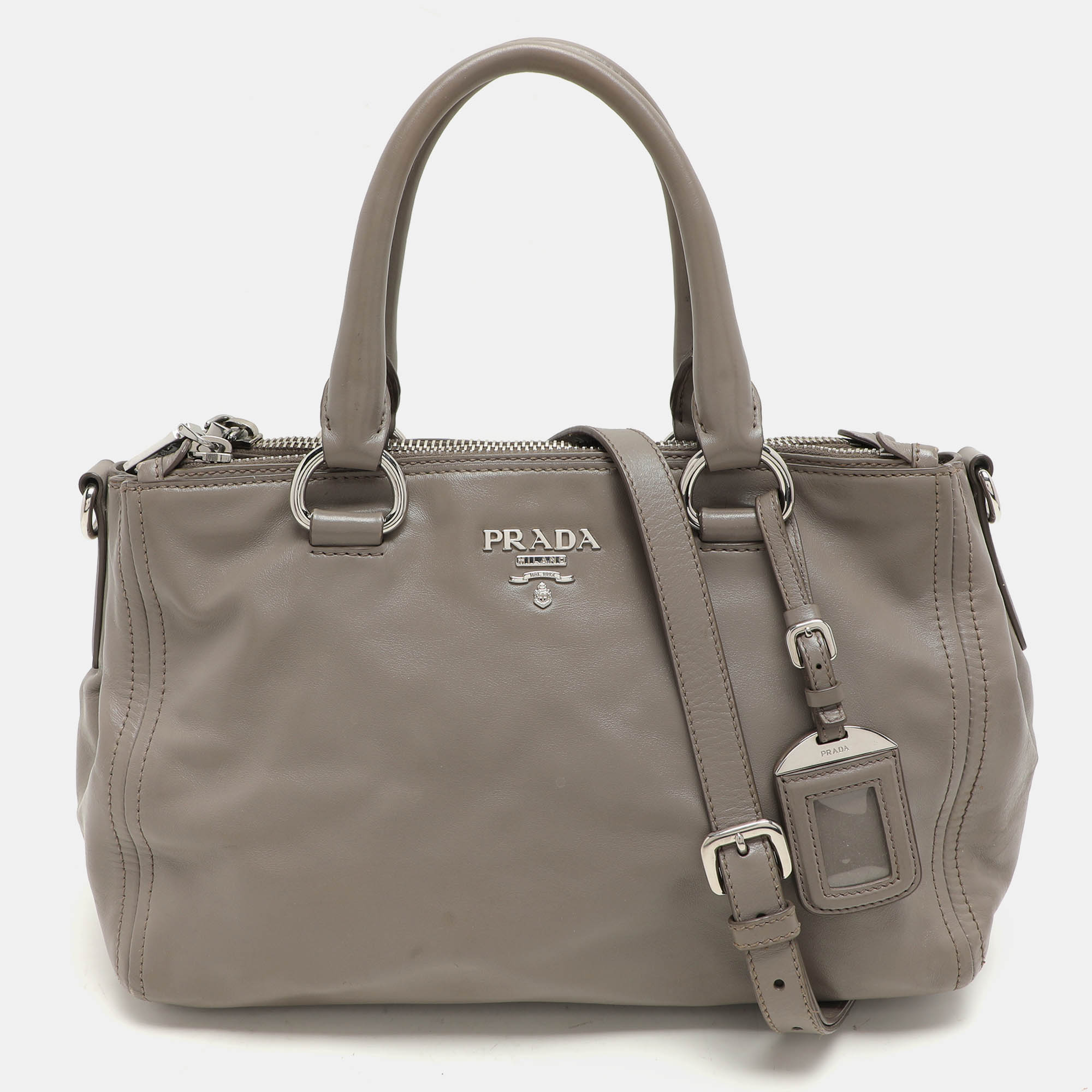 

Prada Grey Leather Double Top Zip Satchel