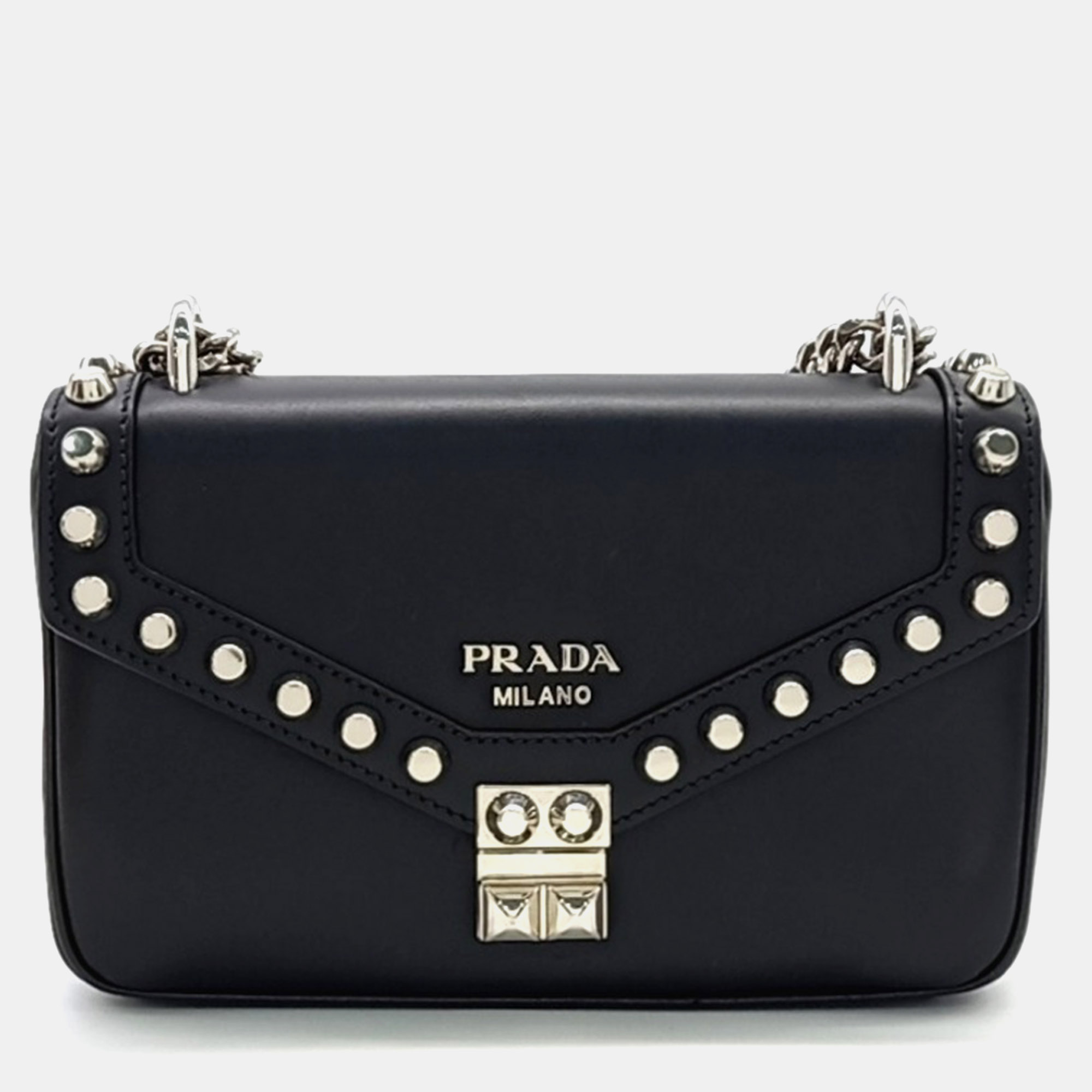 

Prada Black Leather Prada studded chain shoulder bag