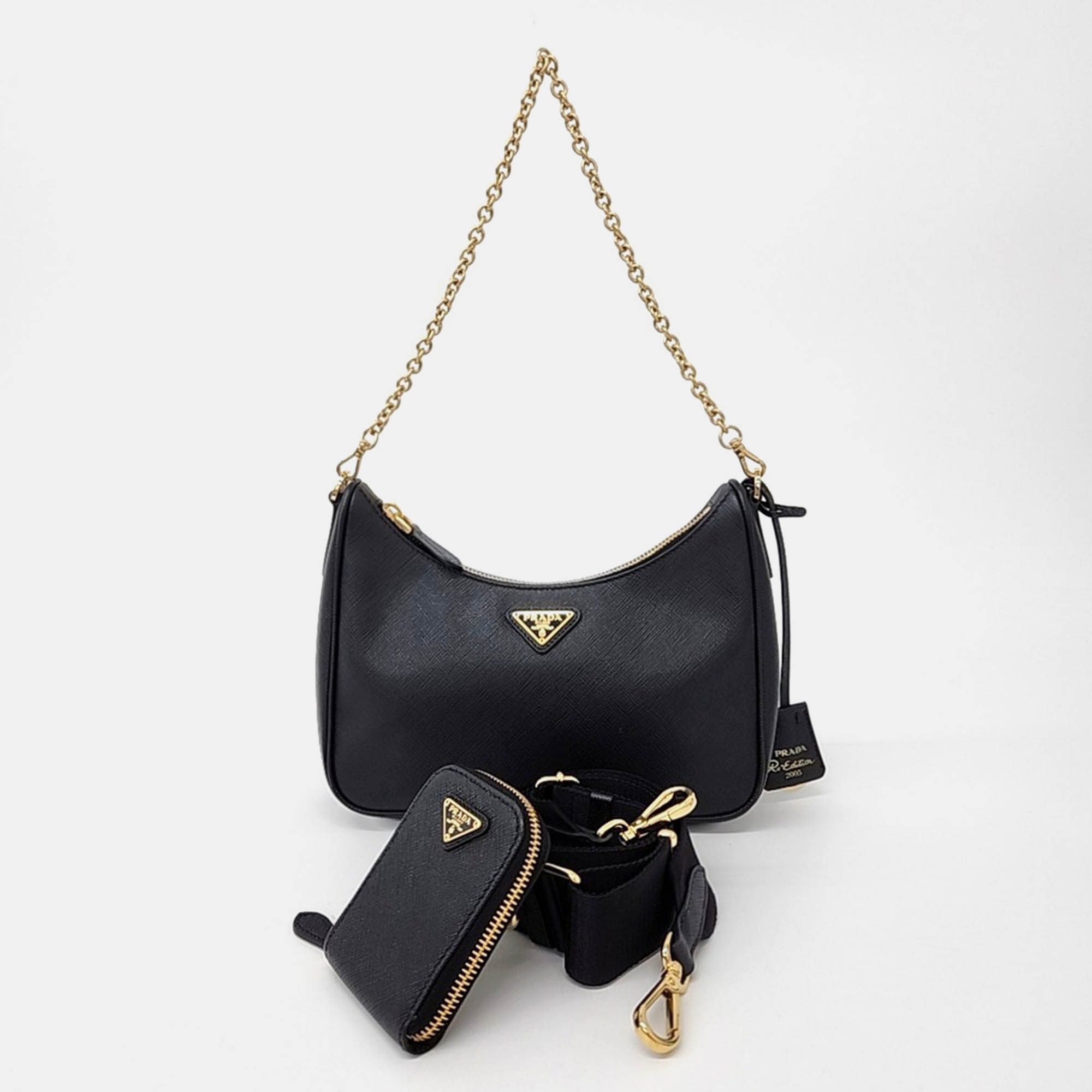 

Prada Black Leather Saffiano Chain Strap Hobo Bag