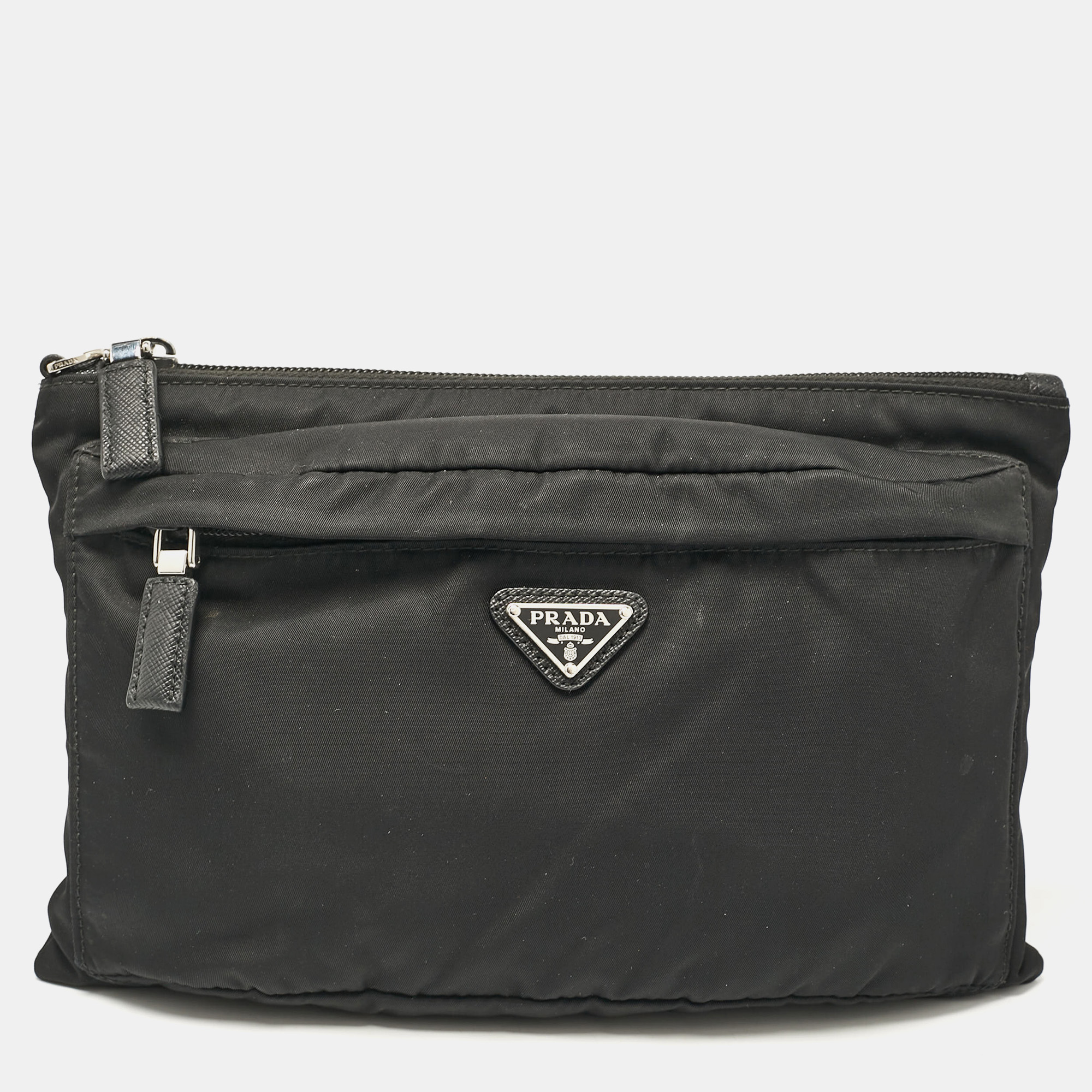 

Prada Black Re-Nylon Triangle Logo Zip Pouch Clutch