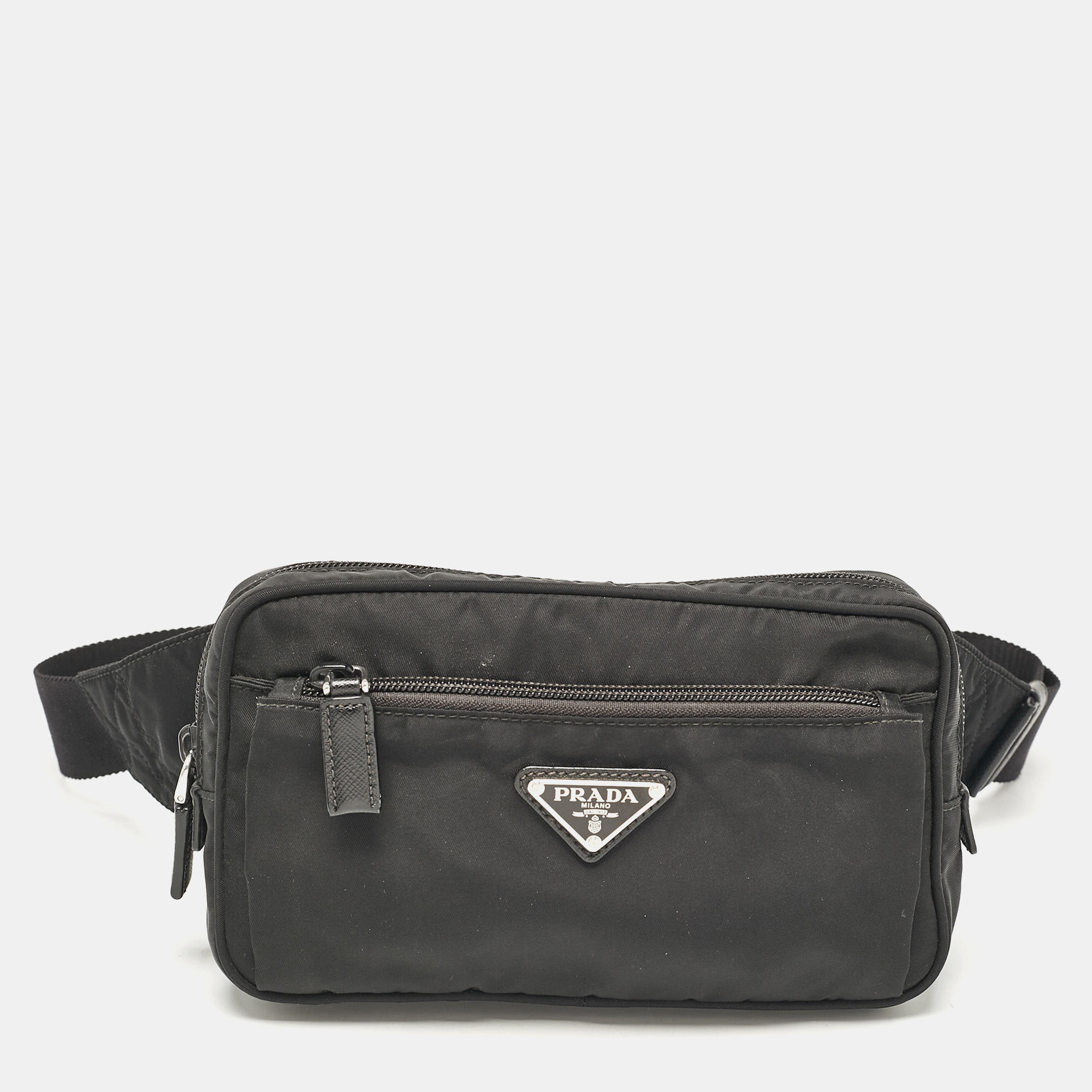 

Prada Black Nylon Triangle Logo Front Pocket Belt Bag