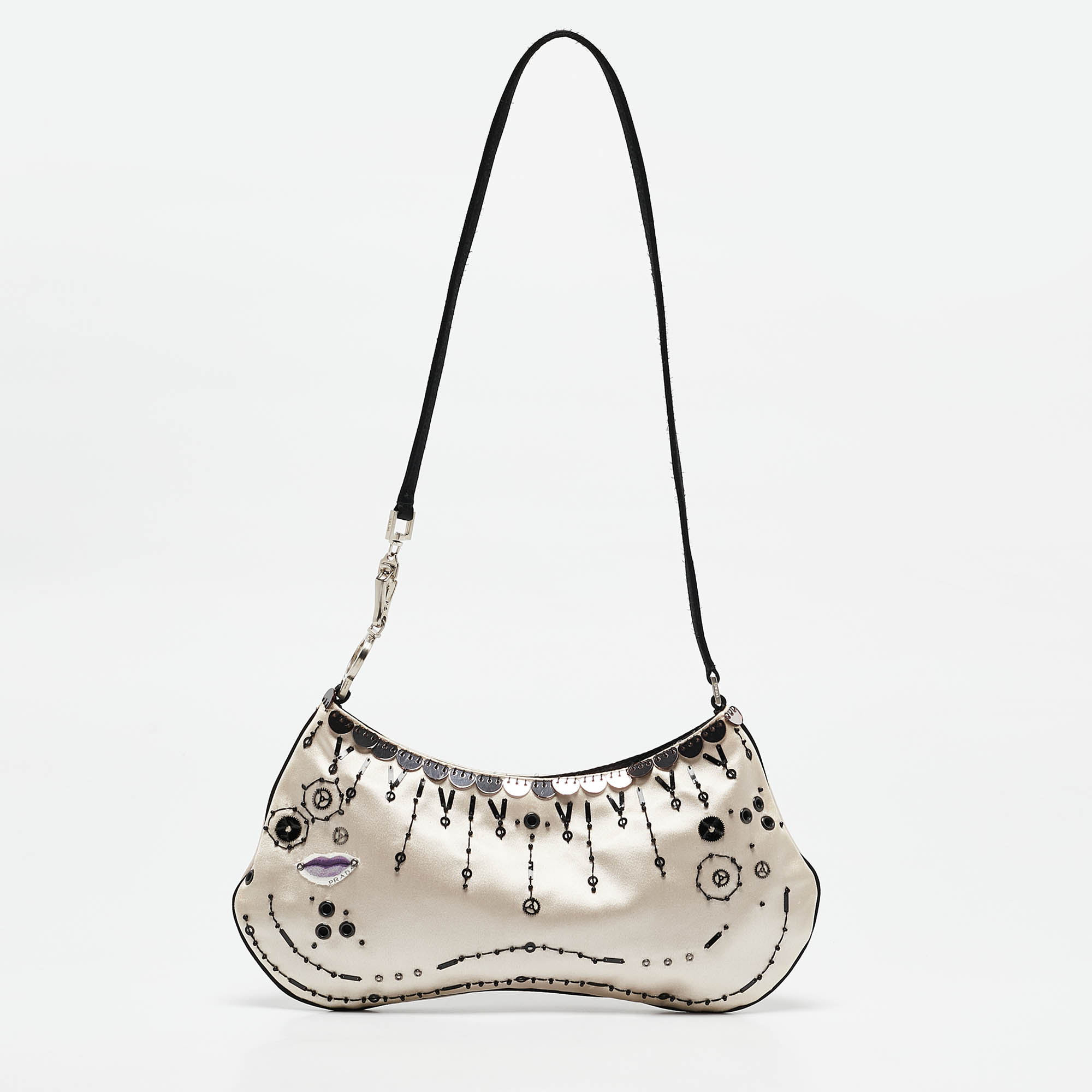 

Prada Beige/Black Satin Embellished Baguette Bag