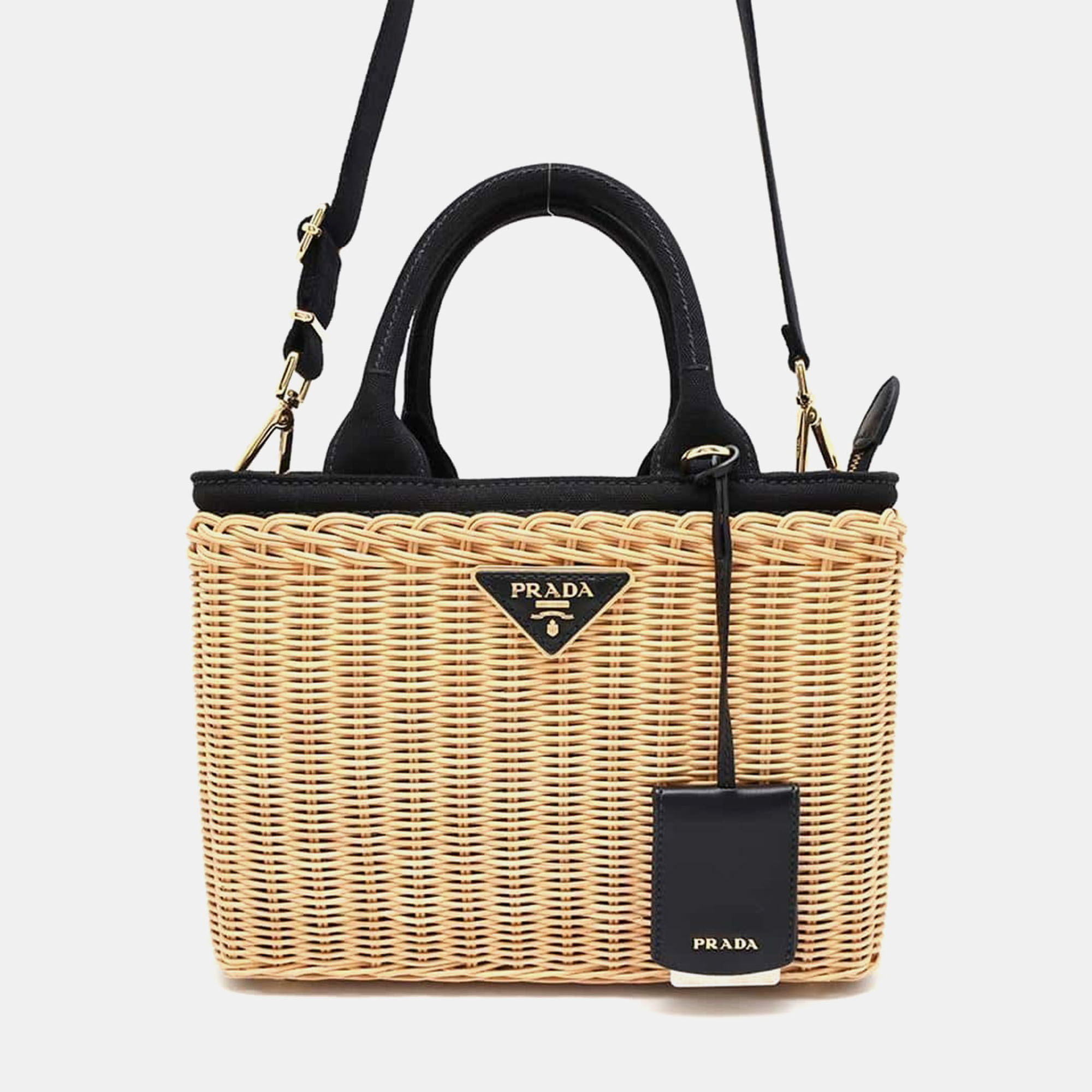 

Prada Beige/Black Straw Canvas Wicker Basket Bag