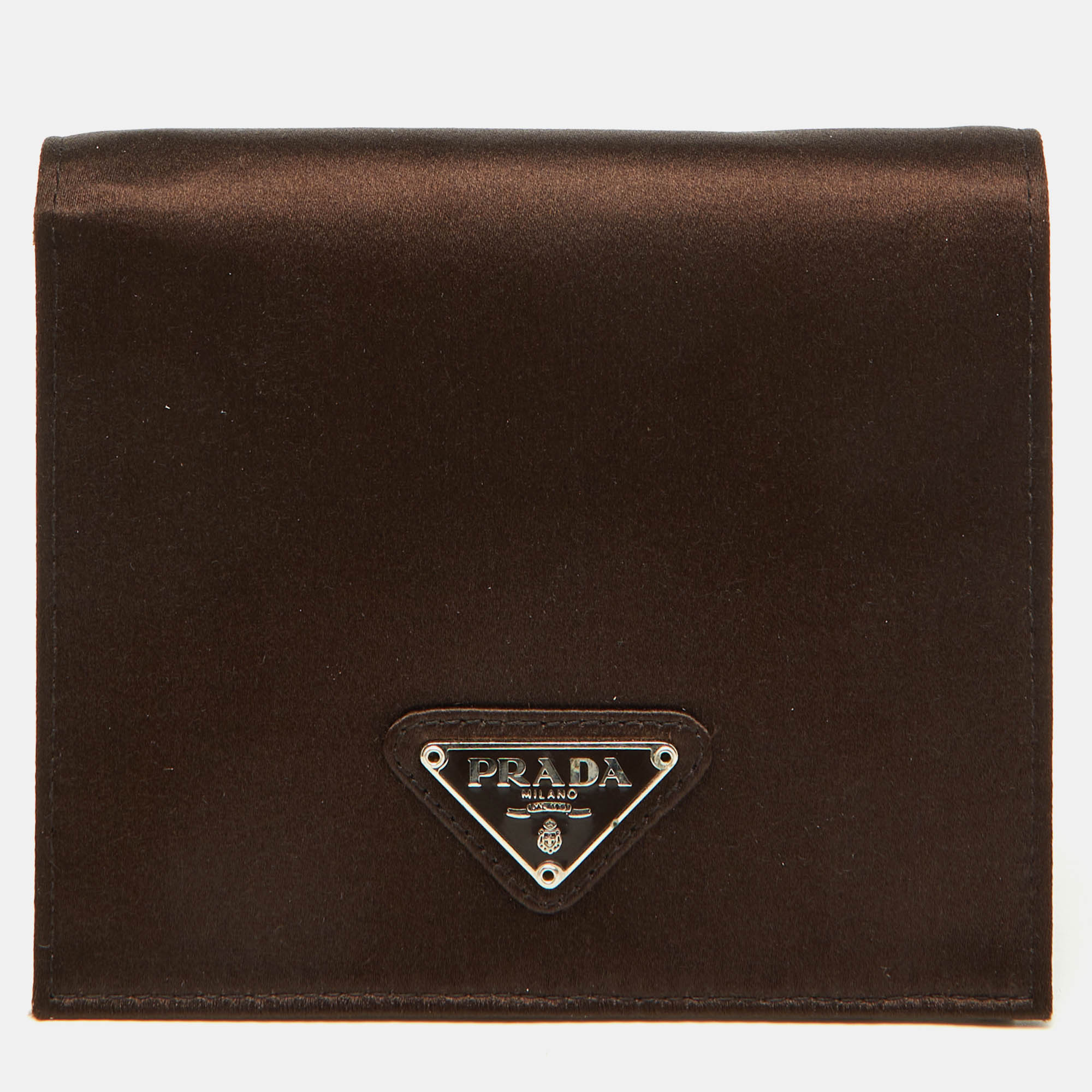 

Prada Dark Brown Satin Triangle Logo Compact Bifold Wallet