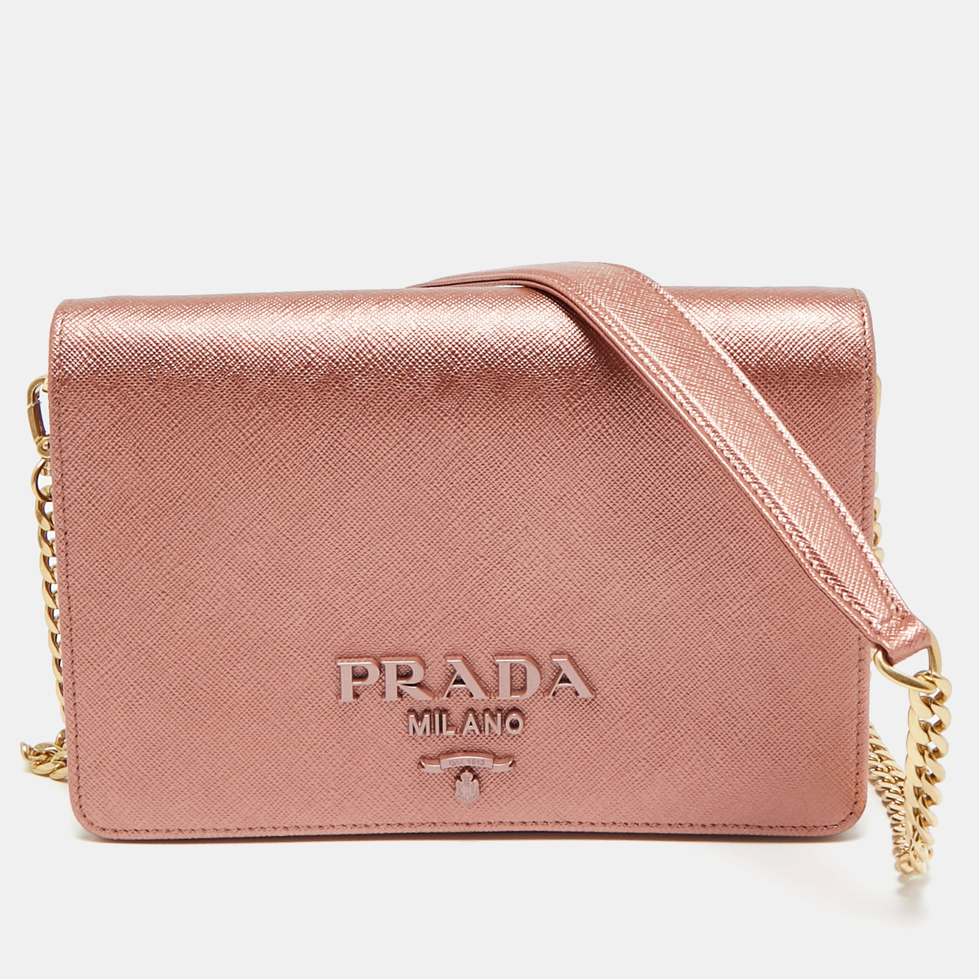 

Prada Rose Gold Saffiano Lux Leather Flap Clutch Bag, Pink