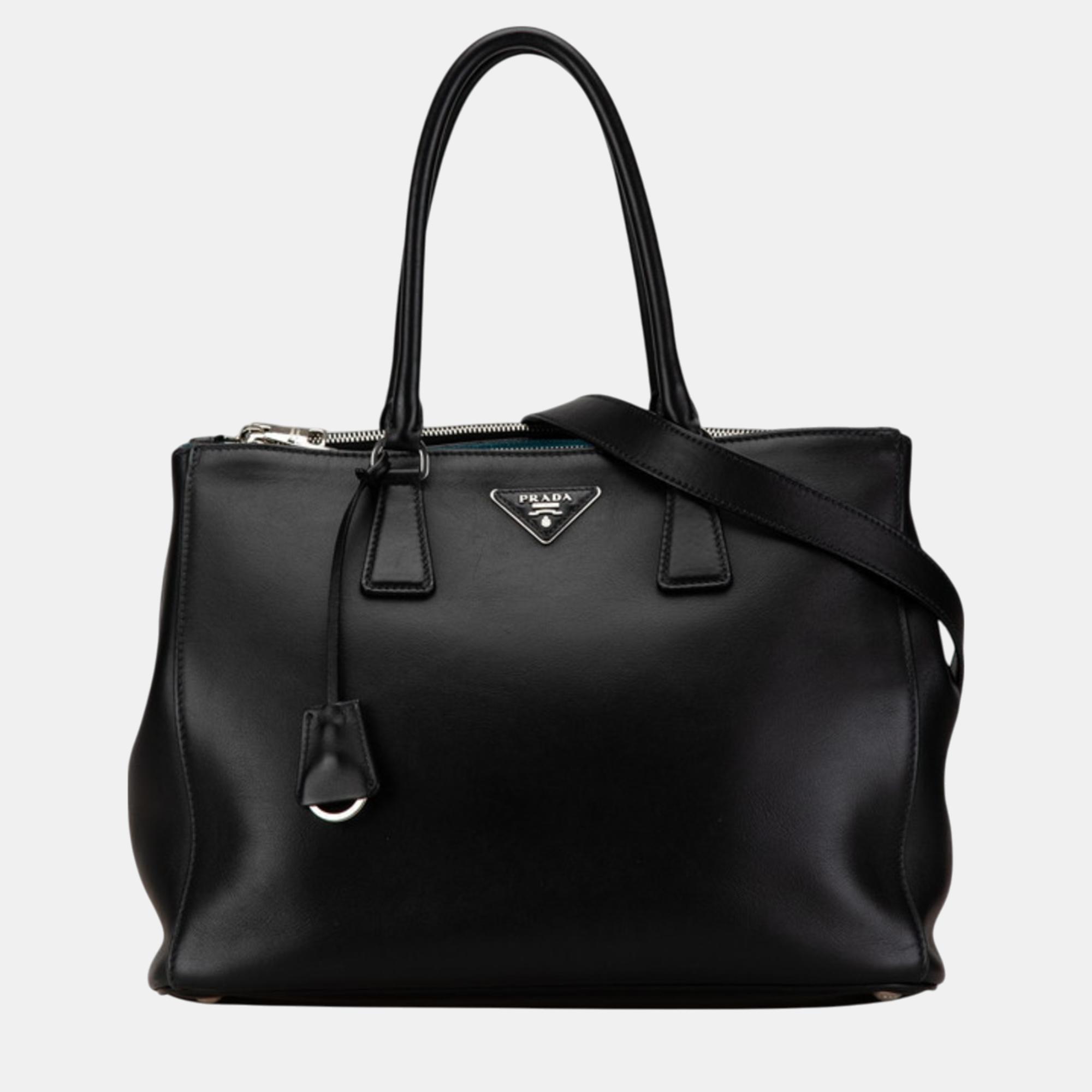 

Prada Black Leather Triangle Plate Galleria Large Handbag