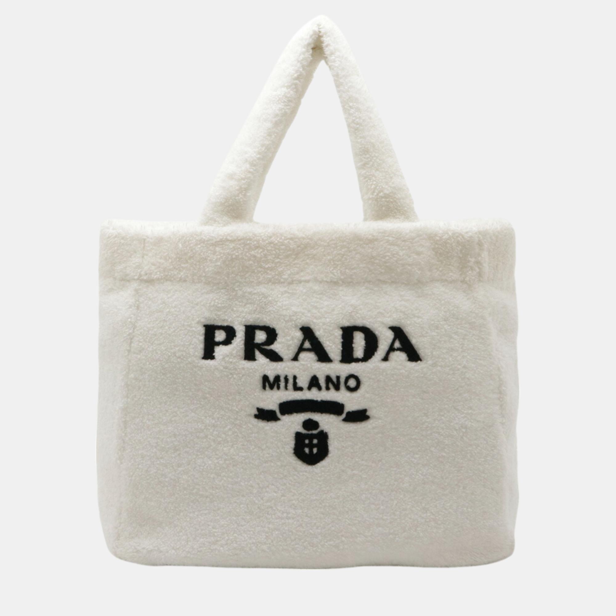 

Prada Bianco White Nero Black Fabric Terry Large Tote Bag