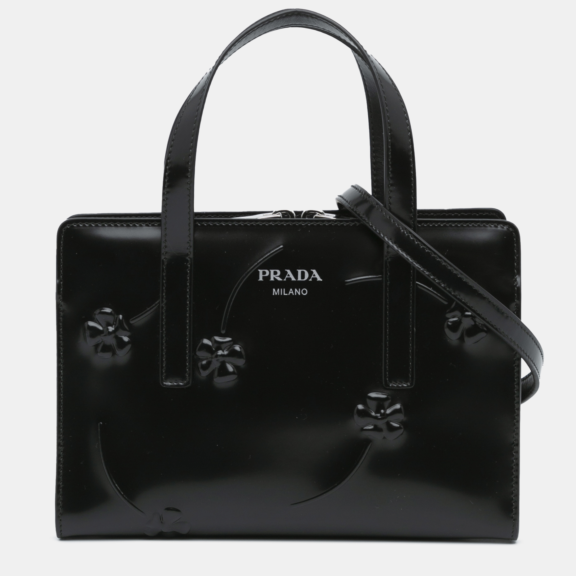 

Prada Mini Spazzolato Floral Re Edition 1995 Double Handle Bag, Black