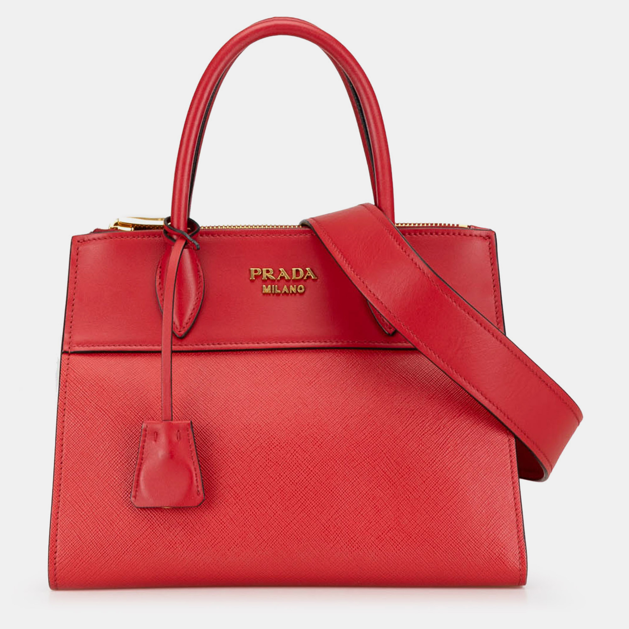 

Prada Saffiano and City Calf Greca Paradigme Satchel, Red