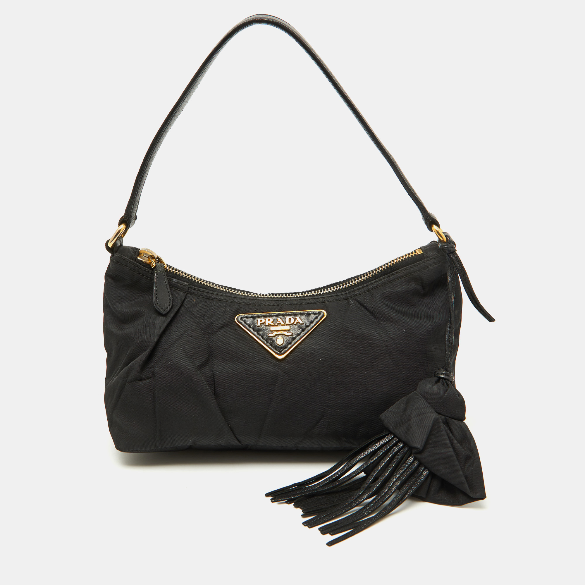 

Prada Black Nylon and Leather Tassel Triangle Logo Shoulder Bag