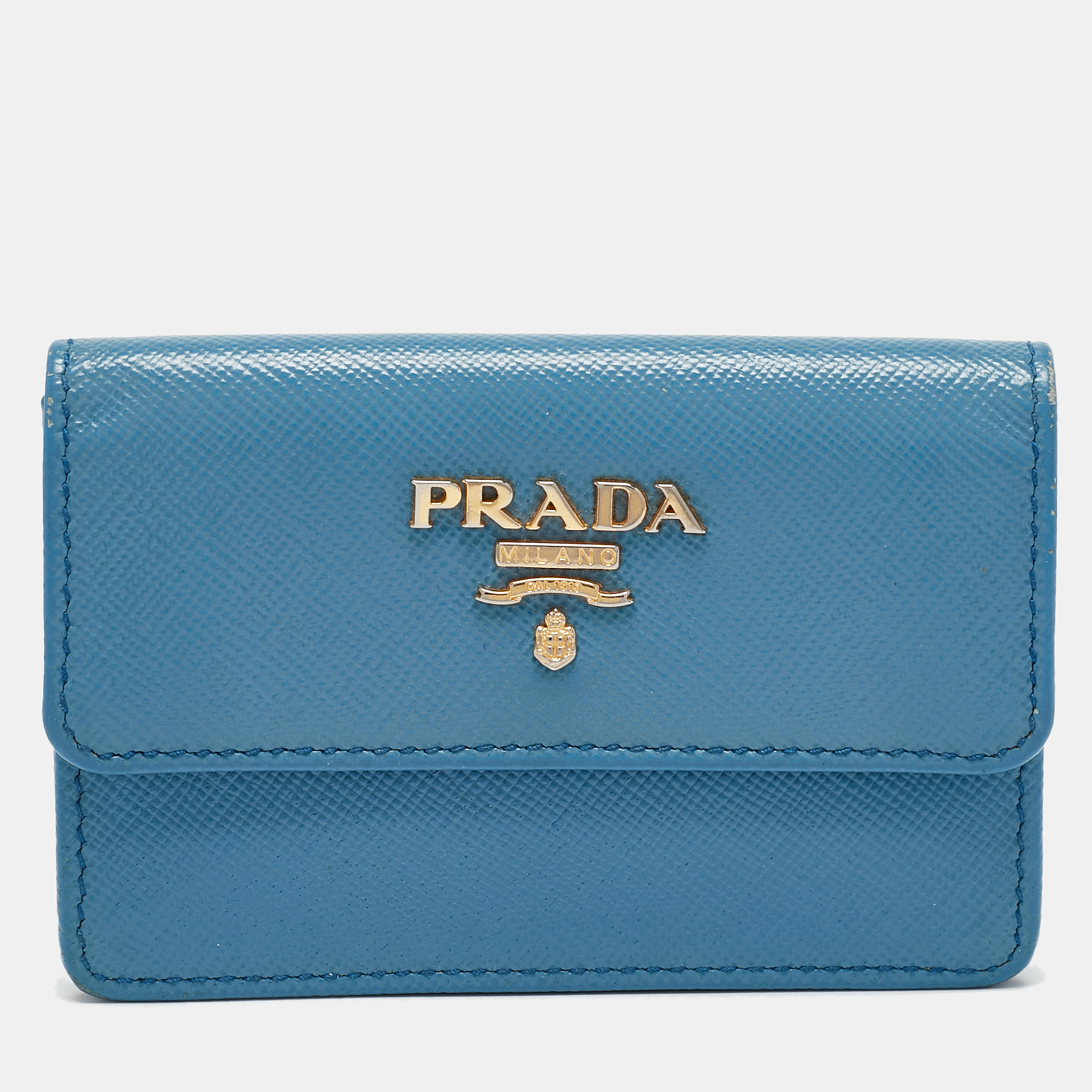 

Prada Light Blue Saffiano Metal Leather Flap Card Holder