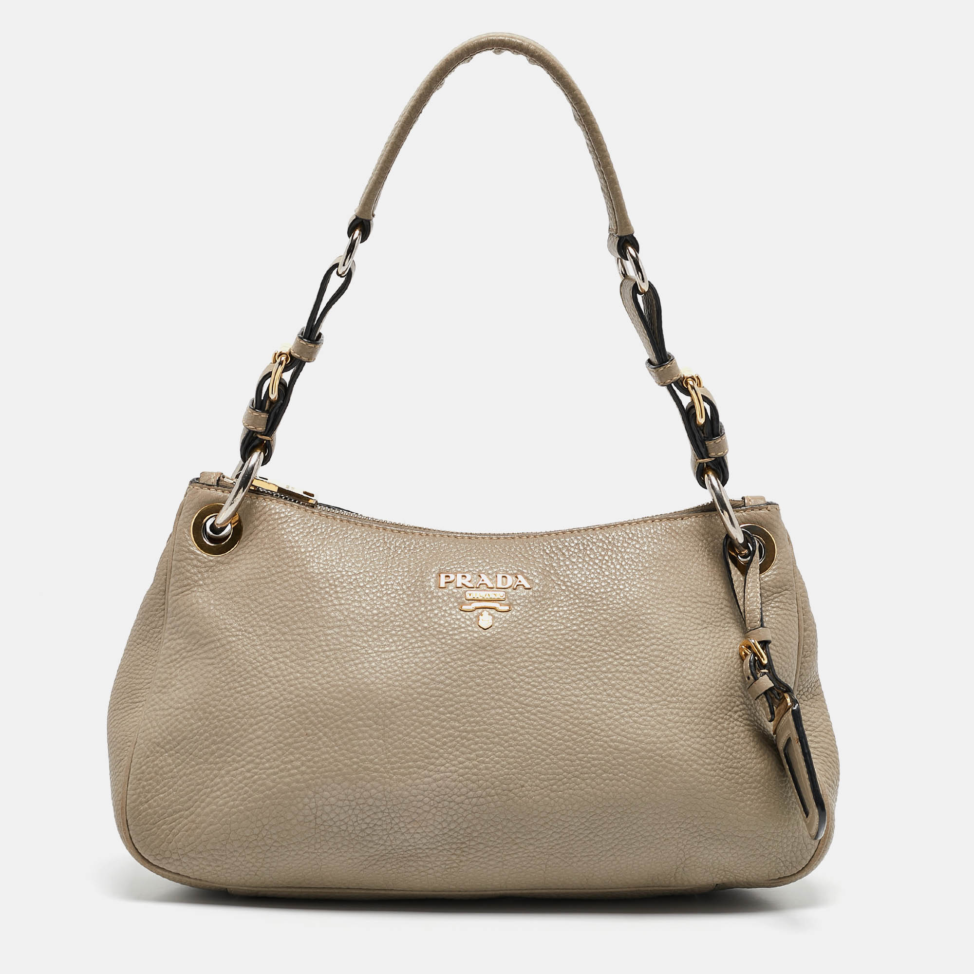 

Prada Grey Vitello Daino Leather Logo Hobo