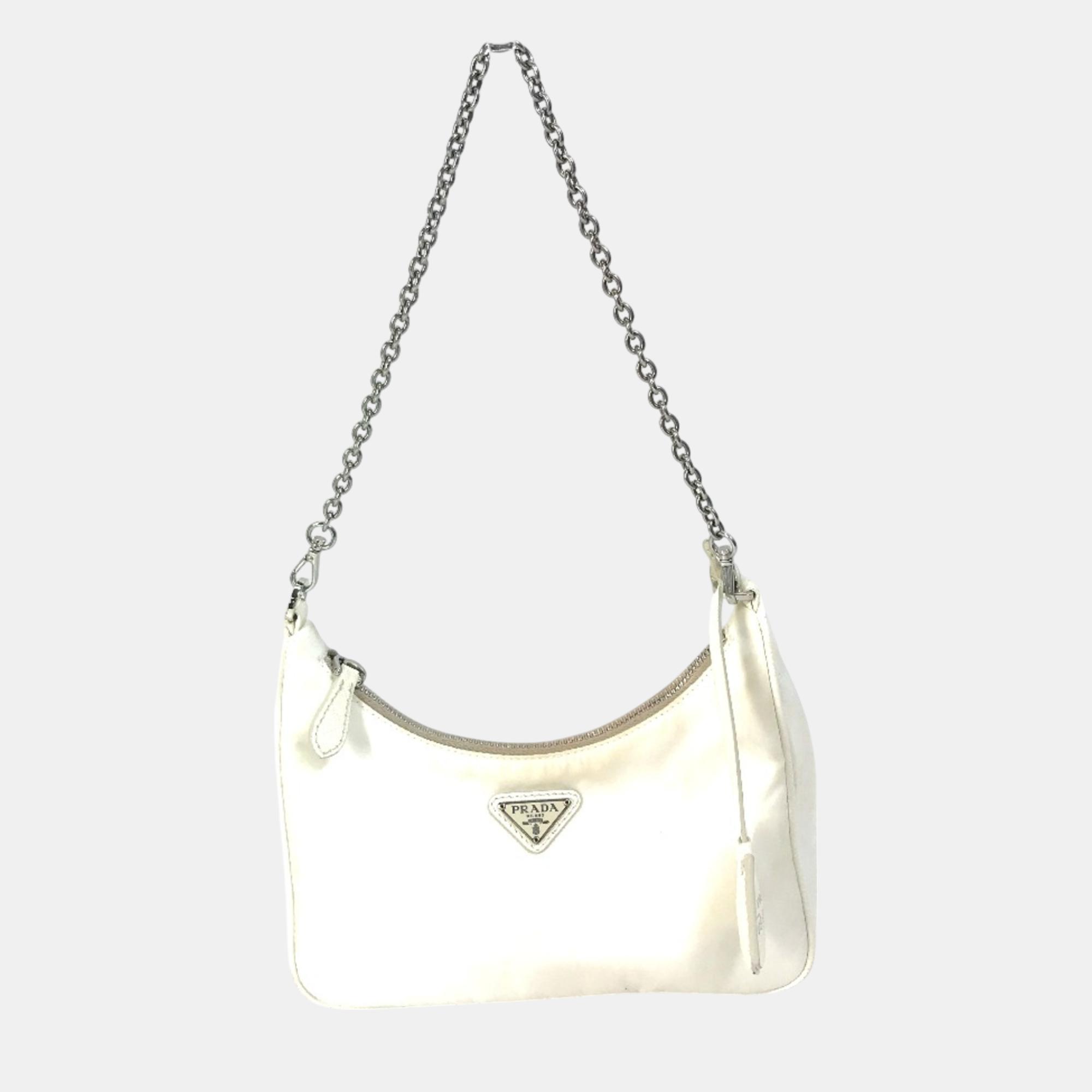 

Prada Triangle Logo Triangle Logo Plate Chain With Crossbody Pouch Shoulder Bag White Beige