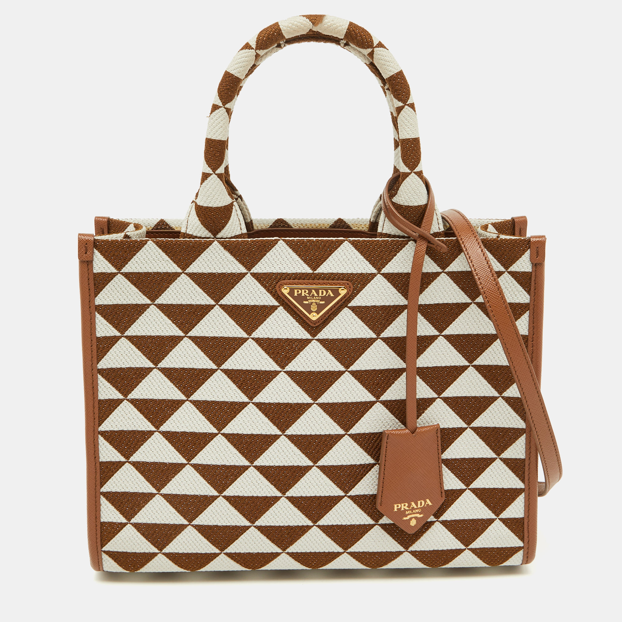 

Prada Brown/White Embroidered Fabric and Leather Small Symbole Tote