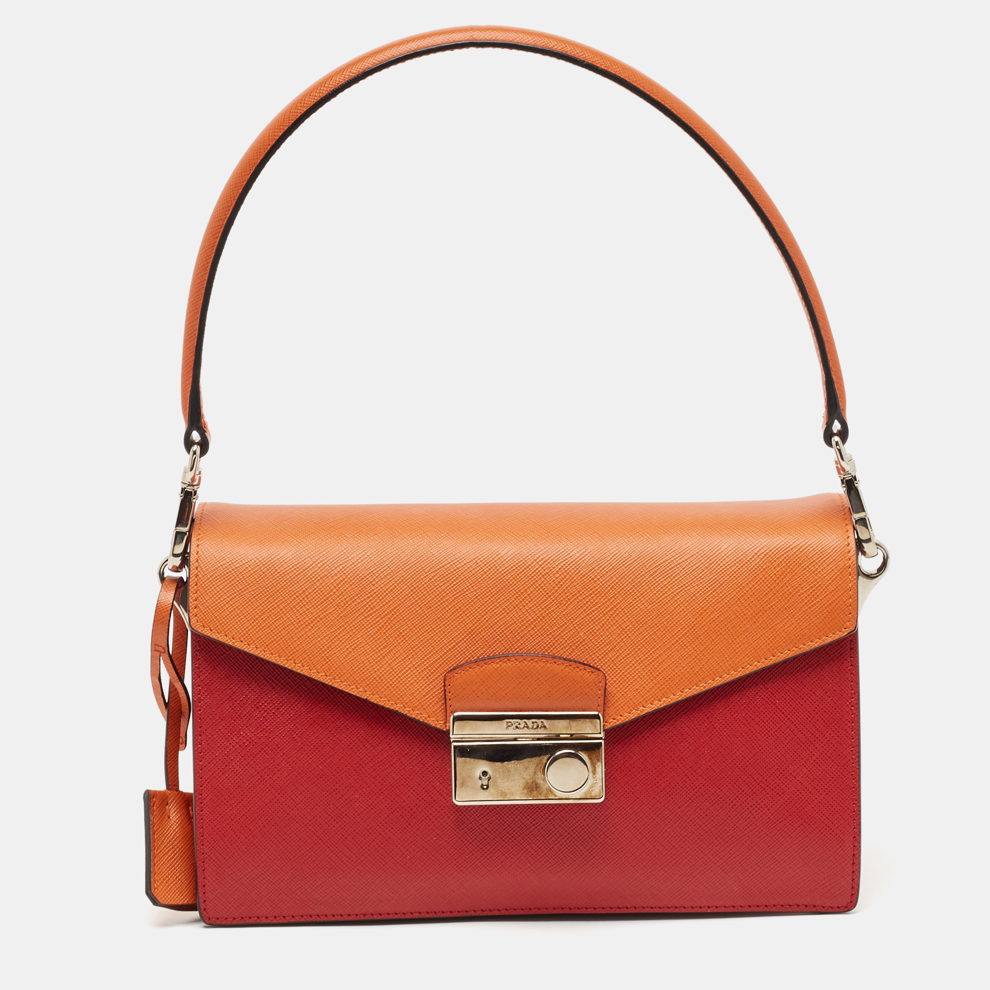 

Prada Orange/Red Saffiano Leather Sound Flap Bag