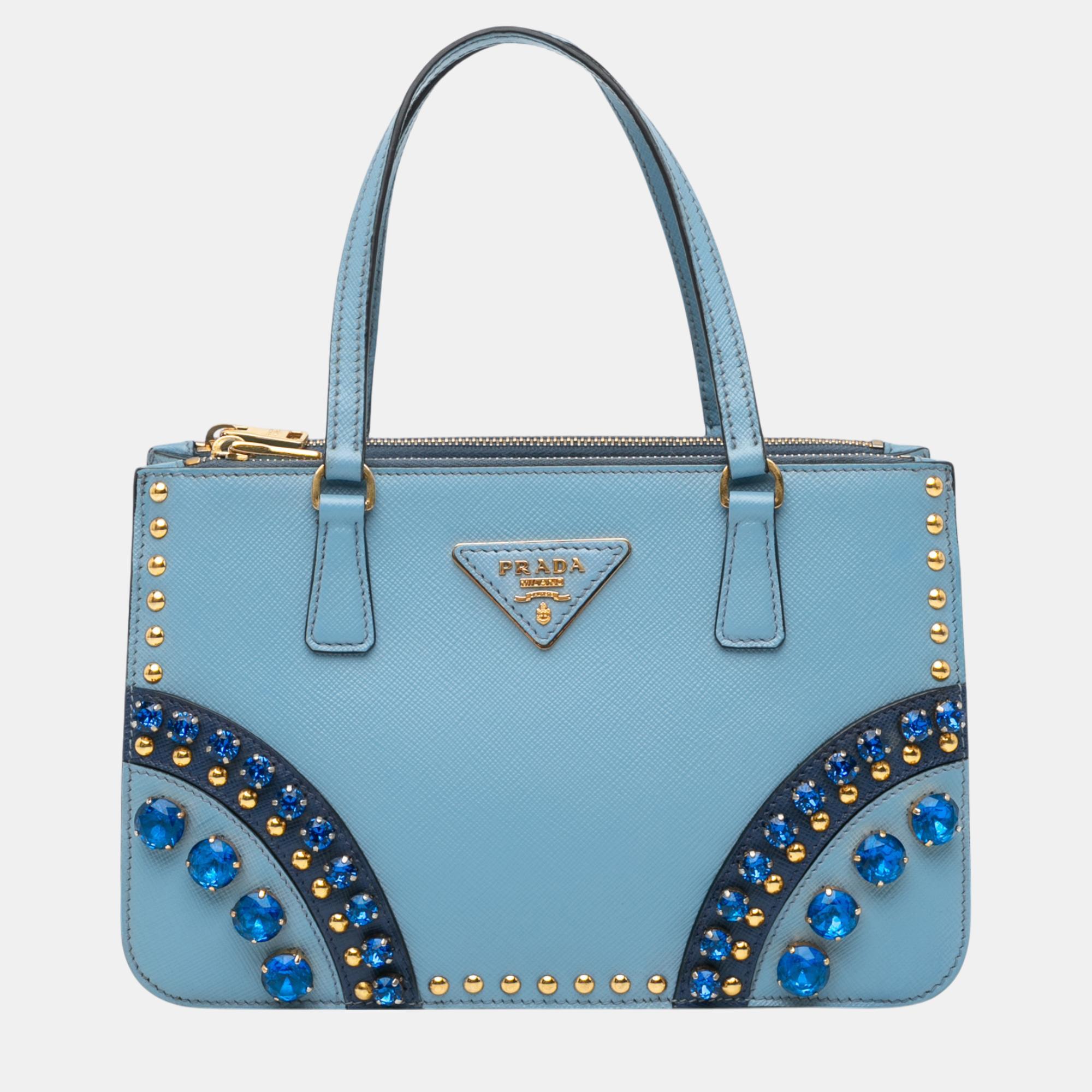 

Prada Blue Mini Saffiano Lux Crystal Embellished Galleria Double Zip