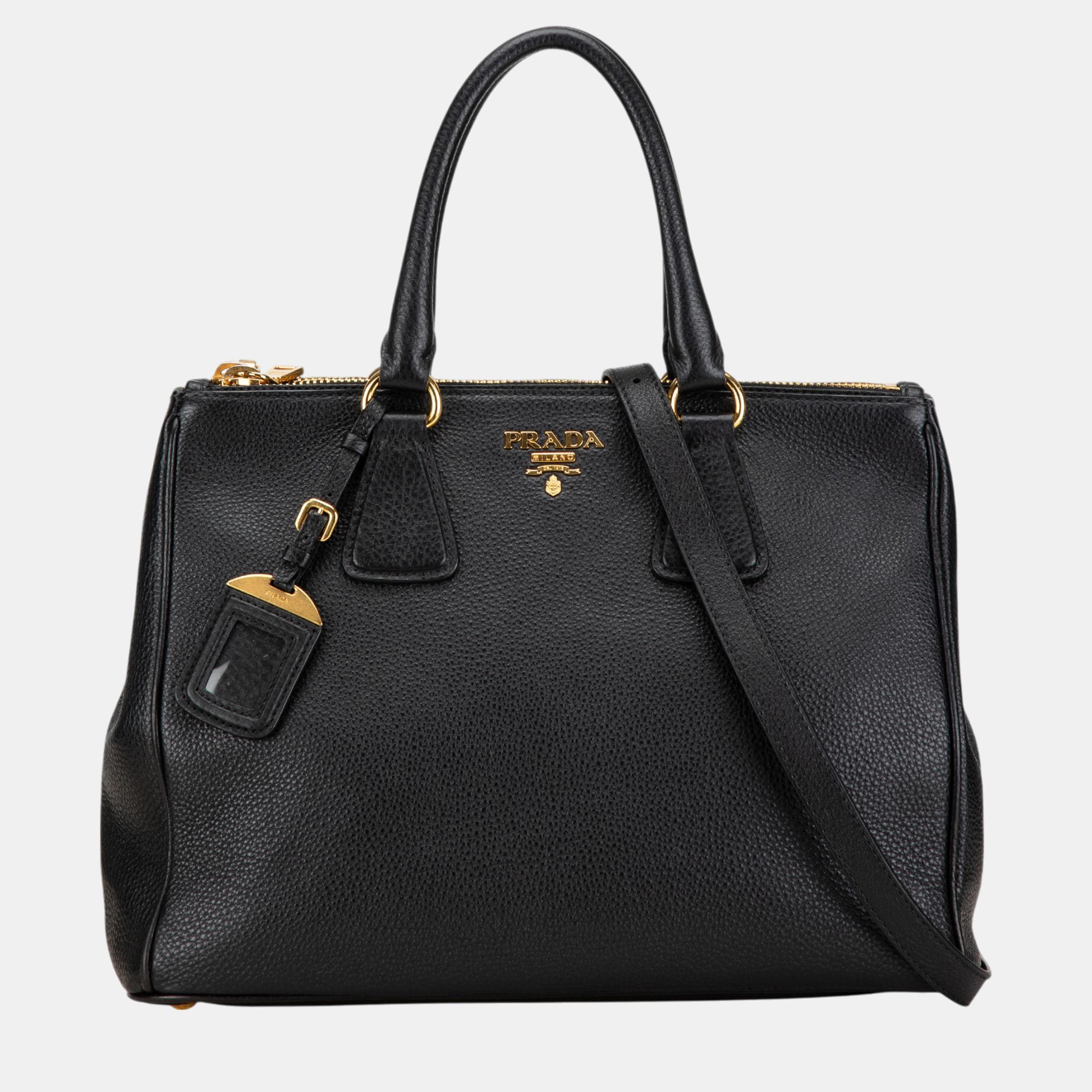 

Prada Black Vitello Daino Double Zip Satchel