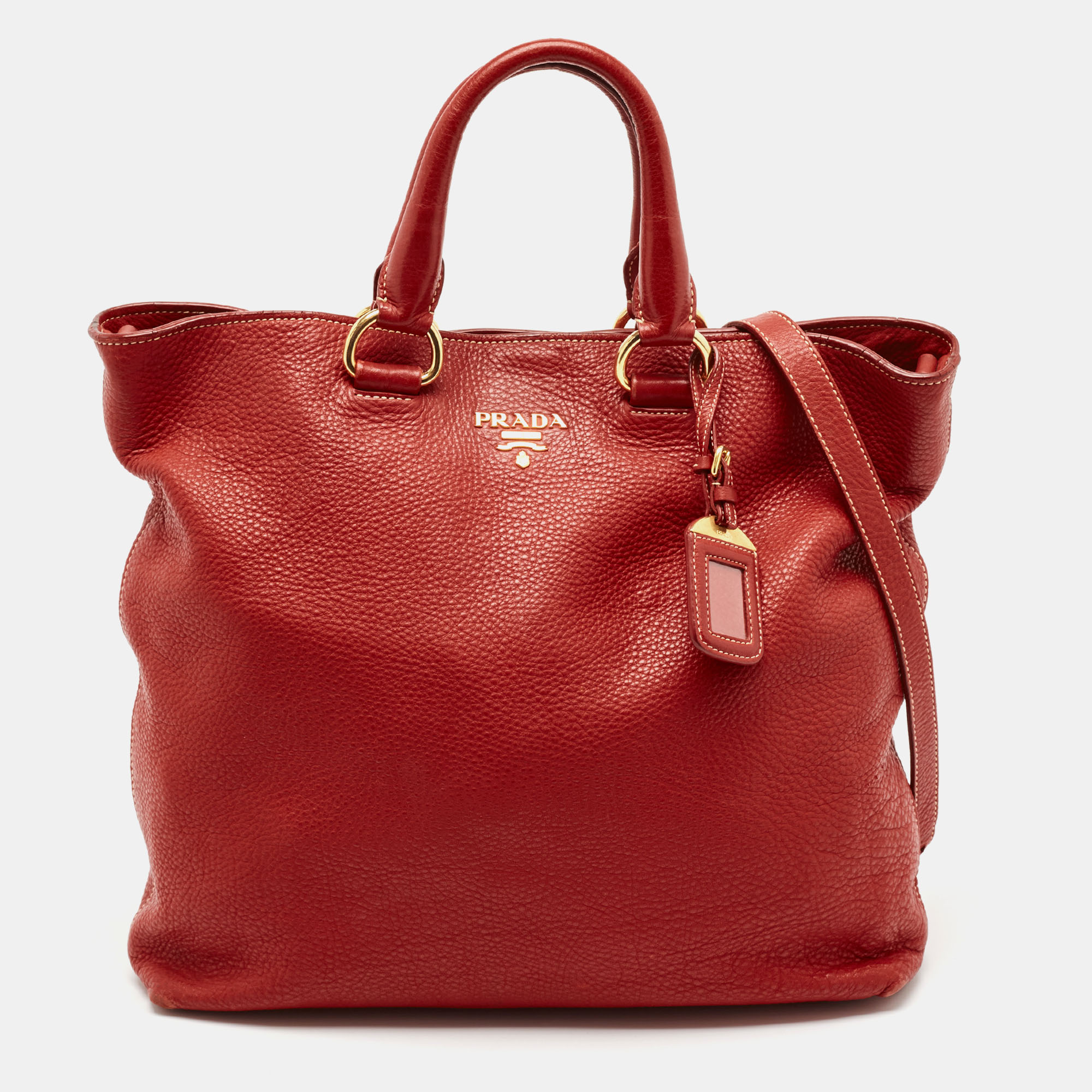 

Prada Red Vitello Danio Leather Shopper Tote