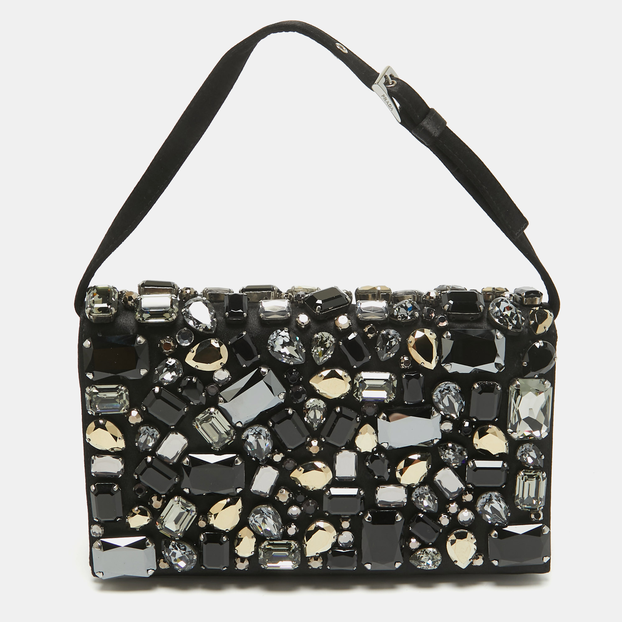 

Prada Black Satin Crystals Embellished Flap Clutch Bag