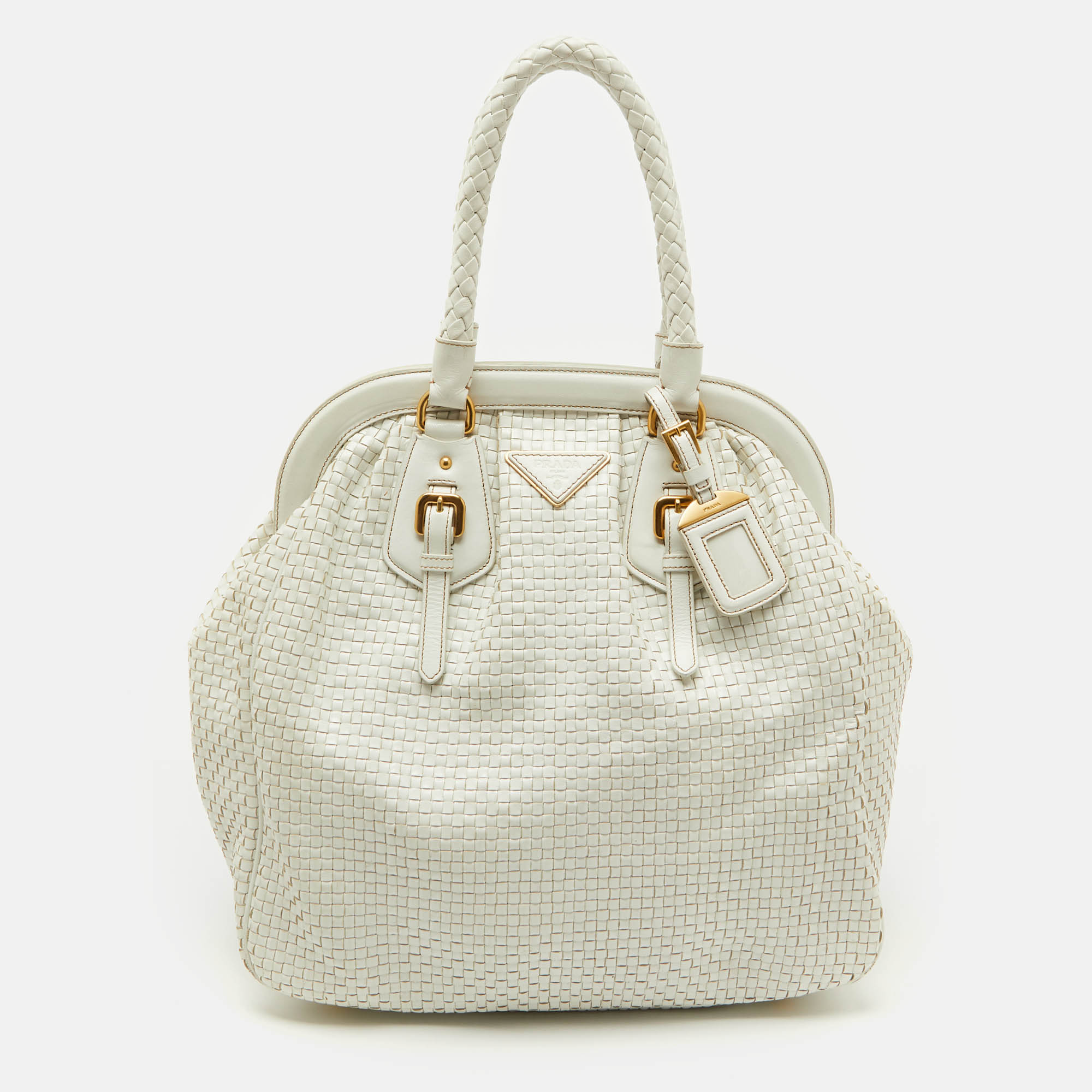 

Prada White Woven Leather Madras Frame Satchel