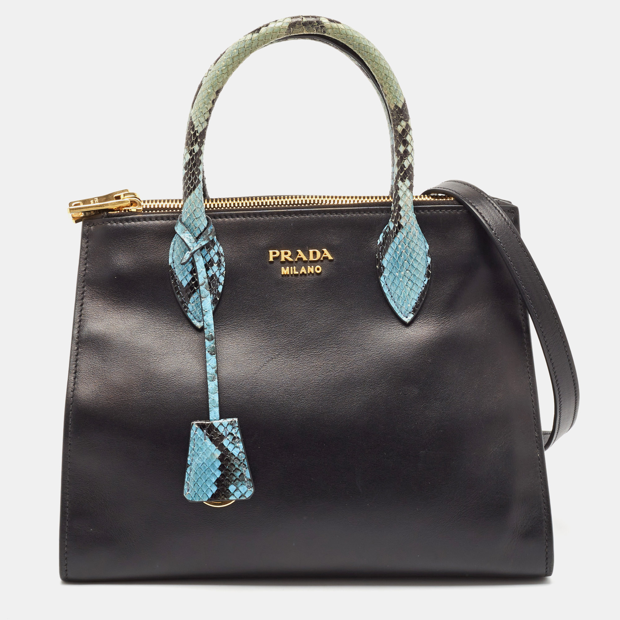 

Prada Black/Blue Leather and Python Double Zip Tote