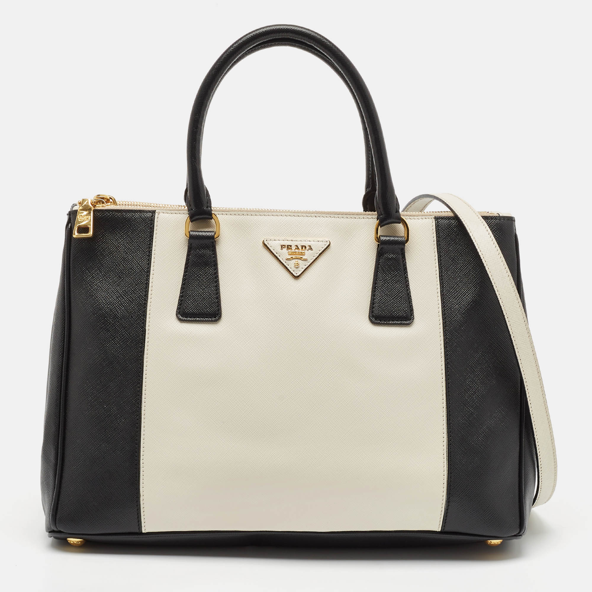 

Prada Black/White Saffiano Lux Leather Medium Double Zip Tote