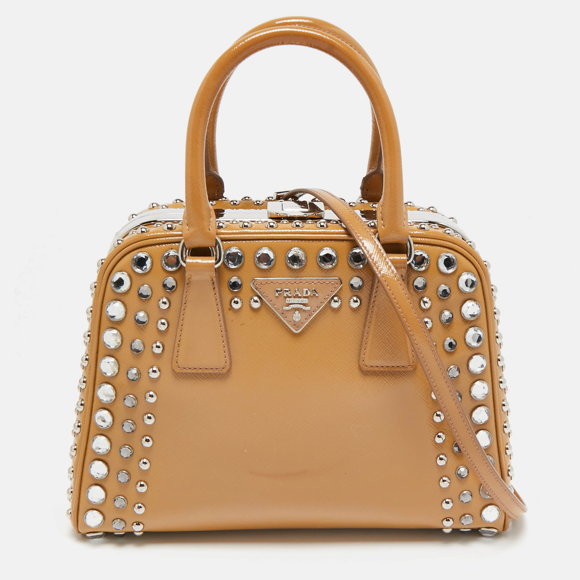 

Prada Tan Saffiano Patent Leather Small Studded Pyramid Frame Bag