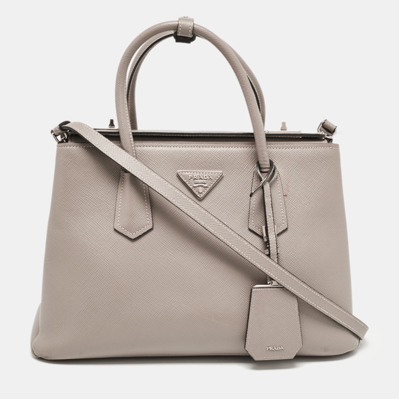 

Prada Grey Saffiano Cuir Leather Turnlock Twin Tote