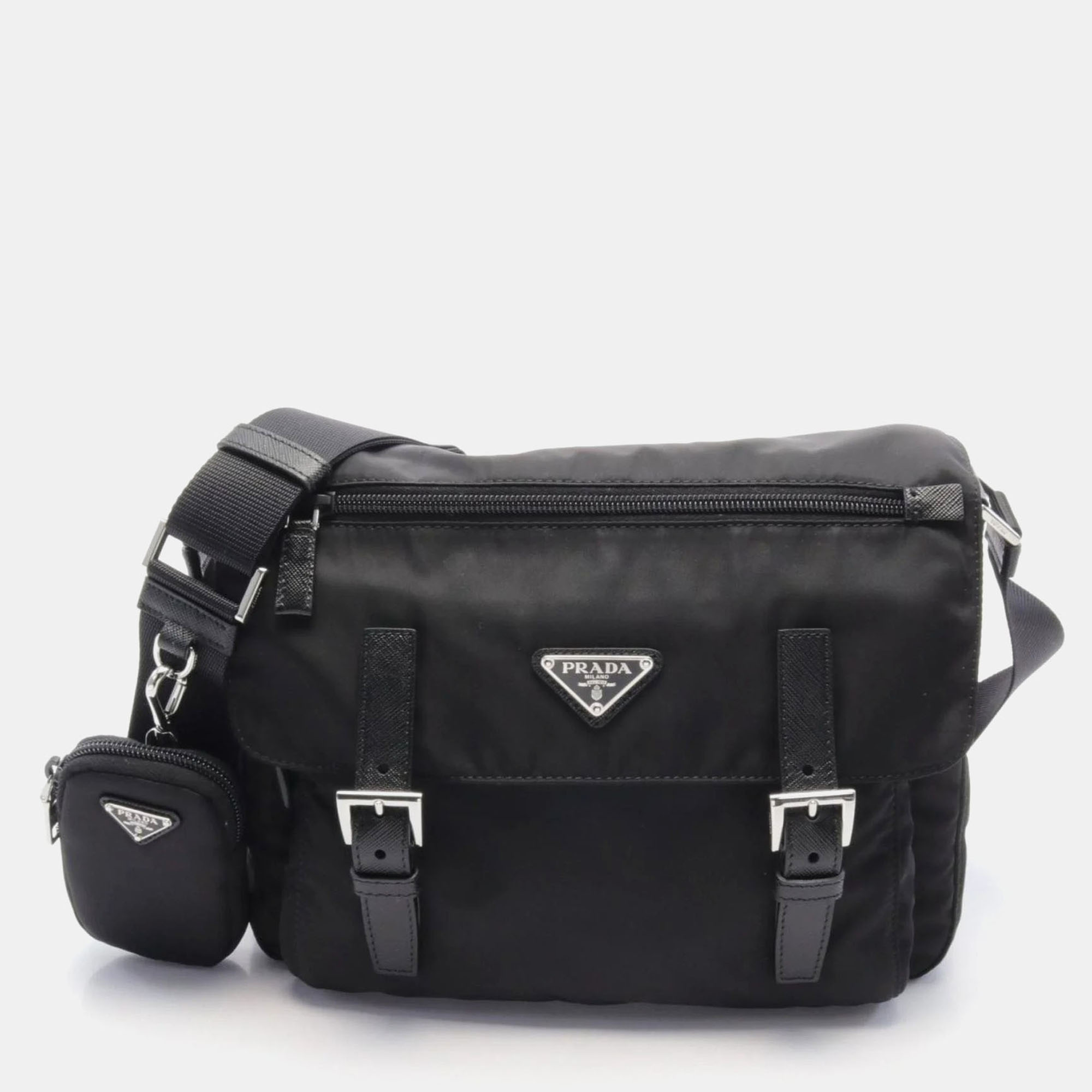 

Prada Black Re-Nylon Medium Double Buckle Flap Messenger Bag