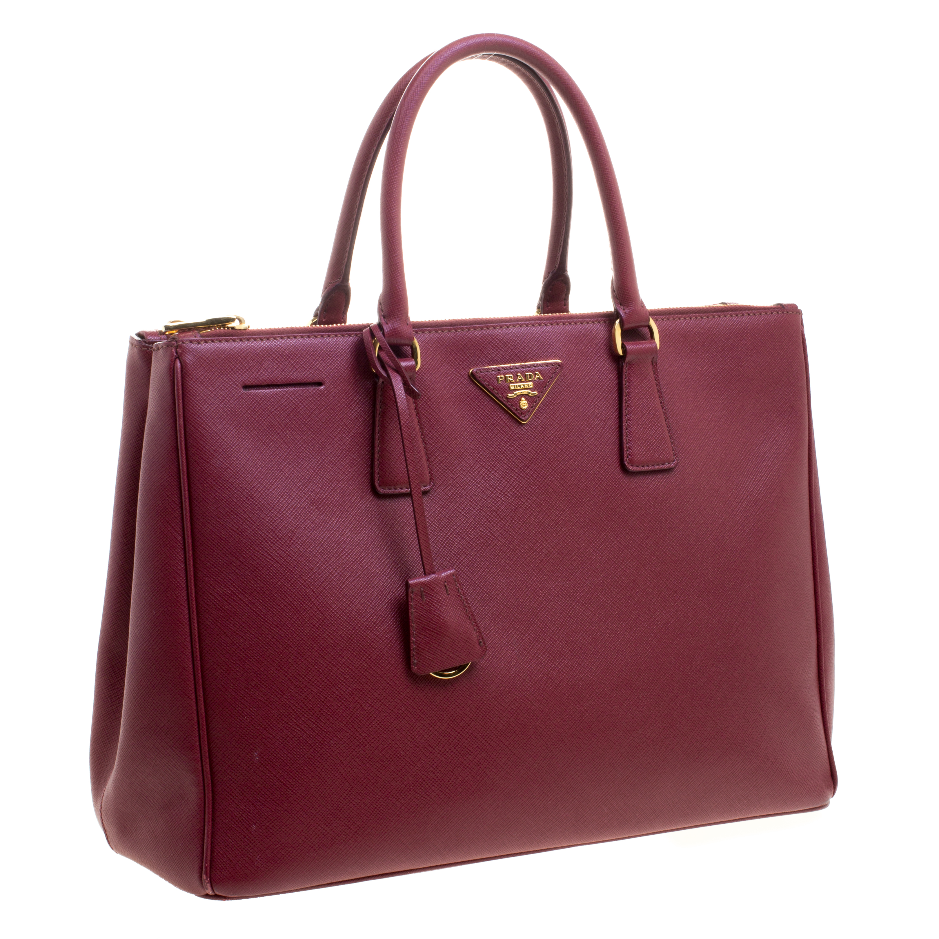 Prada Handbag Burgundy Red Saffiano Lux Leather Tote Large Gold Hardware  Used