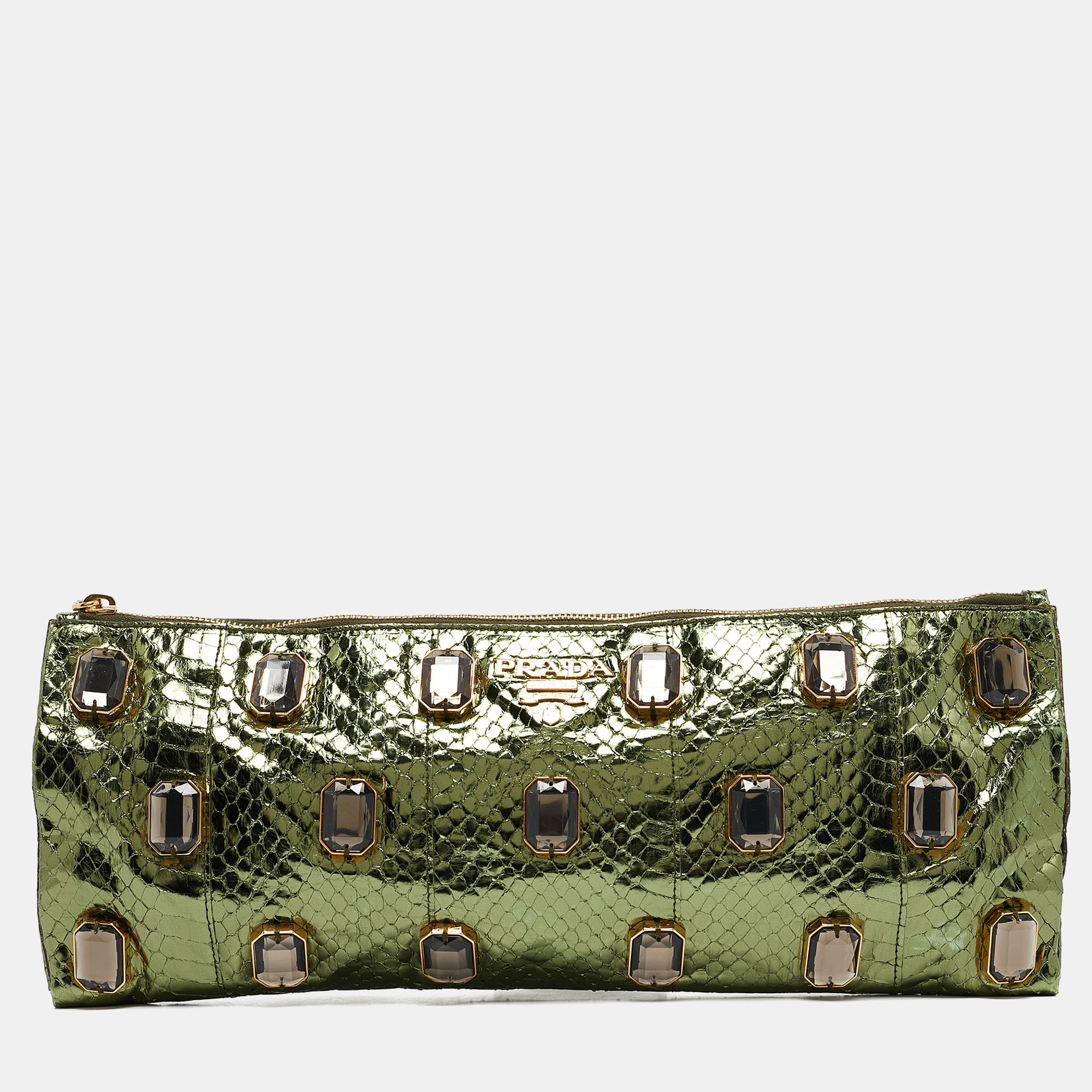 

Prada Metallic Green Python Jewel Embellished Clutch